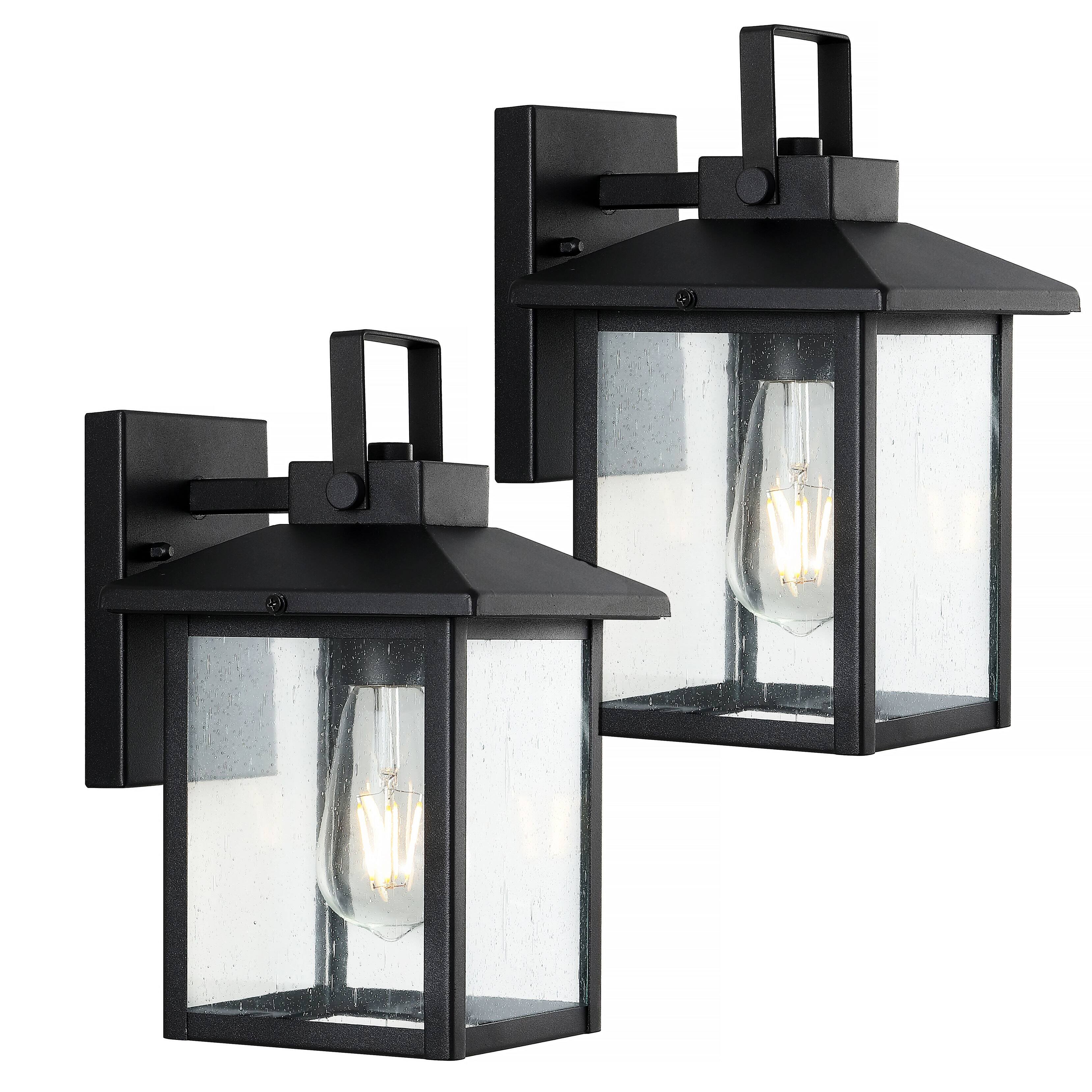 Front. Jonathan Y - Bungalow 6.75" 1-Light Iron/Seeded Glass Rustic Traditional Lantern LED Outdoor Sconce, Black (Set of 2) - Black.