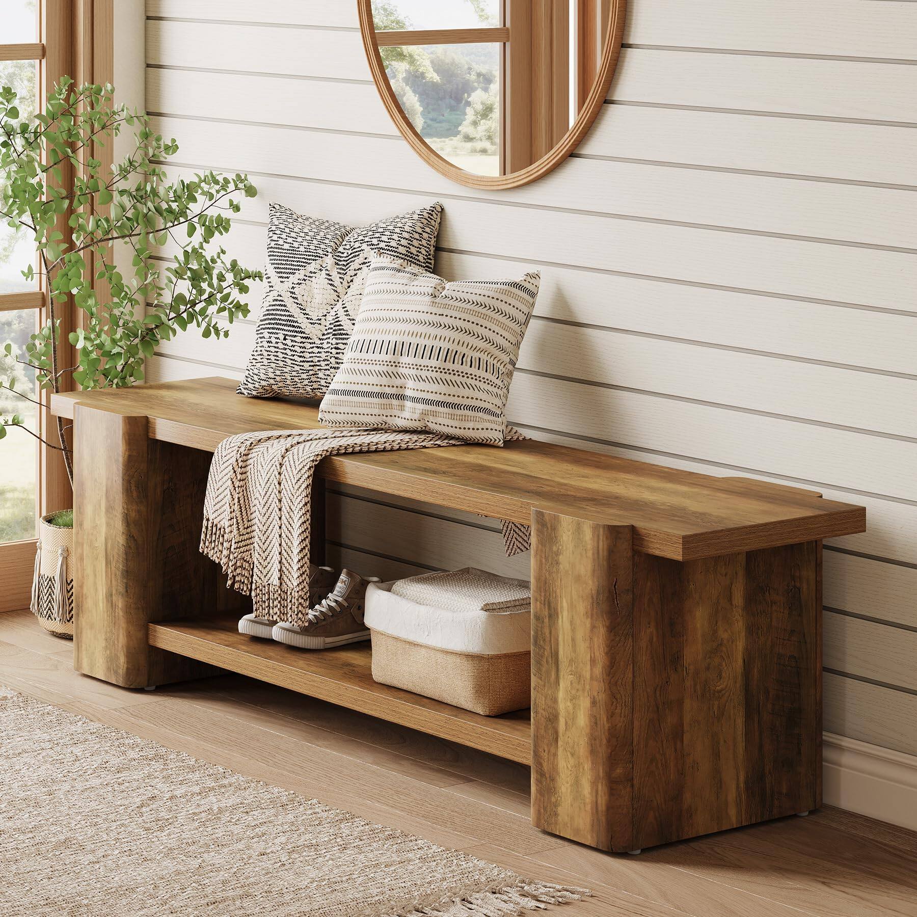 Alt View 2. Tribesigns - Tribeisigns Wooden Bench for Dining Table, Farmhouse Brown Kitchen Seat - Brown.