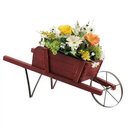 Front. Costway - Wooden Wagon Planter Decorative Indoor/Outdoor Rustic Flower Cart with Wheel - Red.