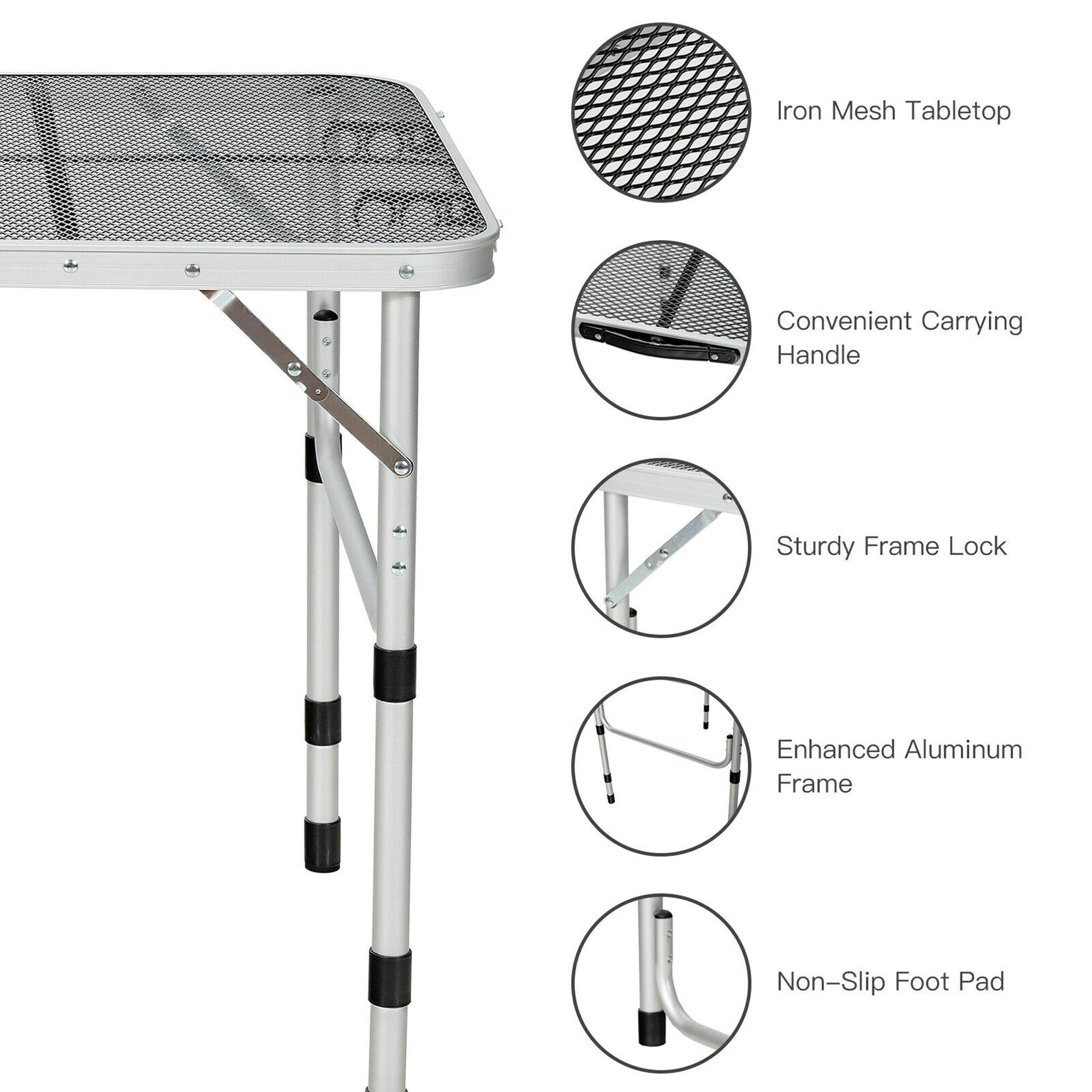 Iron Mesh Tabletop  
Convenient Carrying Handle  
Sturdy Frame Lock  
Enhanced Aluminum Frame  
Non-Slip Foot Pad