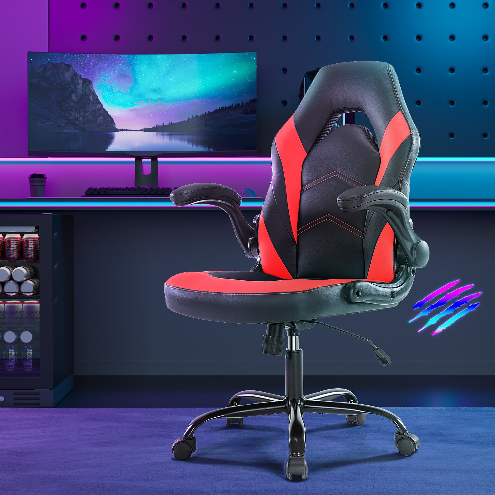 Aukfa - PU Leather Ergonomic Office Chair - Swivel Computer Gaming Chair with Lumbar Support - Red