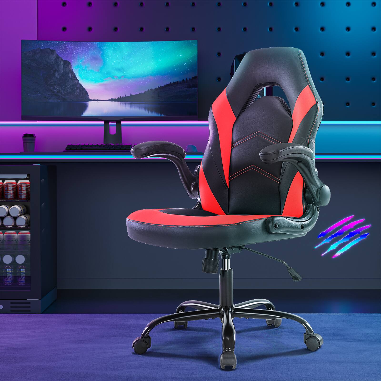 Front. Aukfa - PU Leather Ergonomic Office Chair - Swivel Computer Gaming Chair with Lumbar Support - Red.
