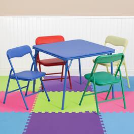 Emma + Oliver - Kids 5 Piece Folding Table and Chair Set - Kids Activity Table Set - Blue