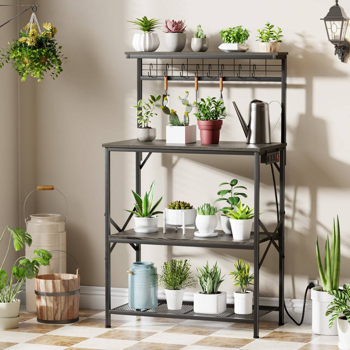 Left. Furnulem - 31.5 Inch 4 Tier Kitchen Bakers Rack with Power Outlets Microwave Stand Storage Shelf with S Hooks - Gray.