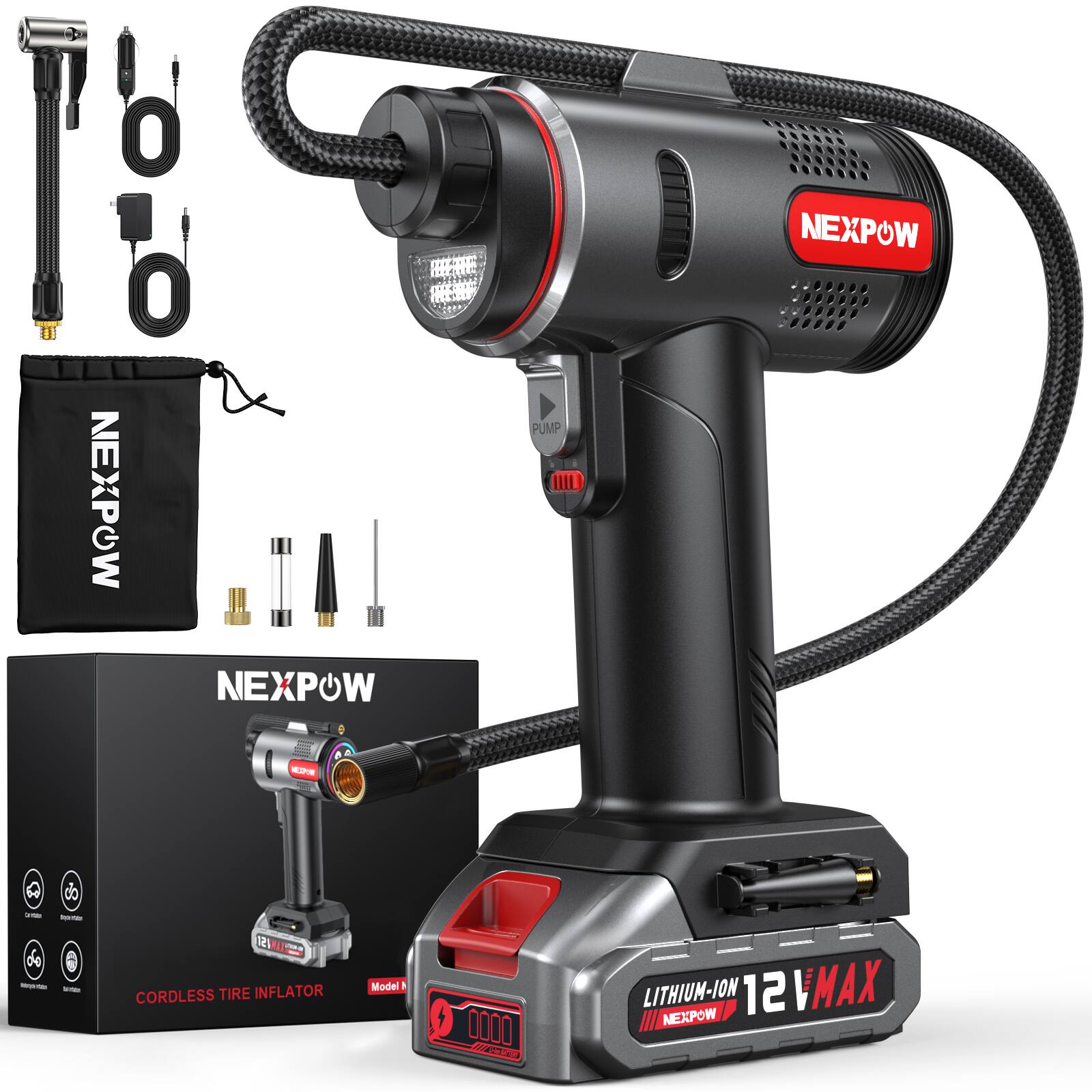NEXPOW - Cordless Air Compressor, Portable Tire Inflator, Car Tire Pump, 160PSI, Rechargeable Battery, Digital Pressure Gauge - Black