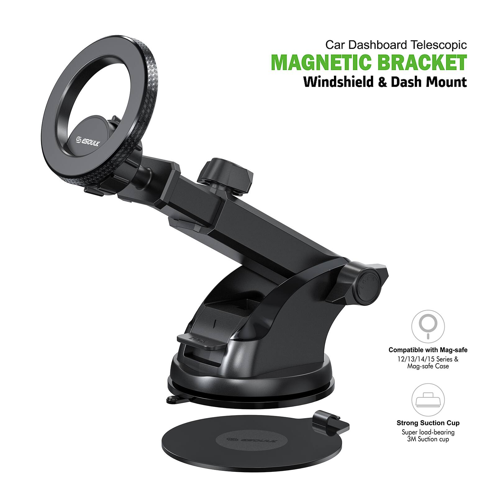 Car Dashboard Telescopic MAGNETIC BRACKET Windshield & Dash Mount S ESOULK Compatible with Mag-safe 12/13/14/15 Series & Mag-safe Case Strong Suction Cup Super load-bearing 3M Suction cup