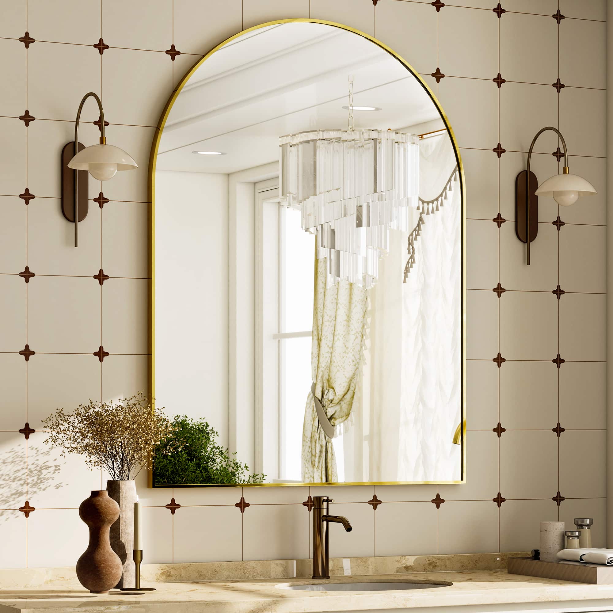 Easly - 24 in. W x 36 in. H Arched Aluminum Alloy Frame Vanity Wall Mirror - Gold