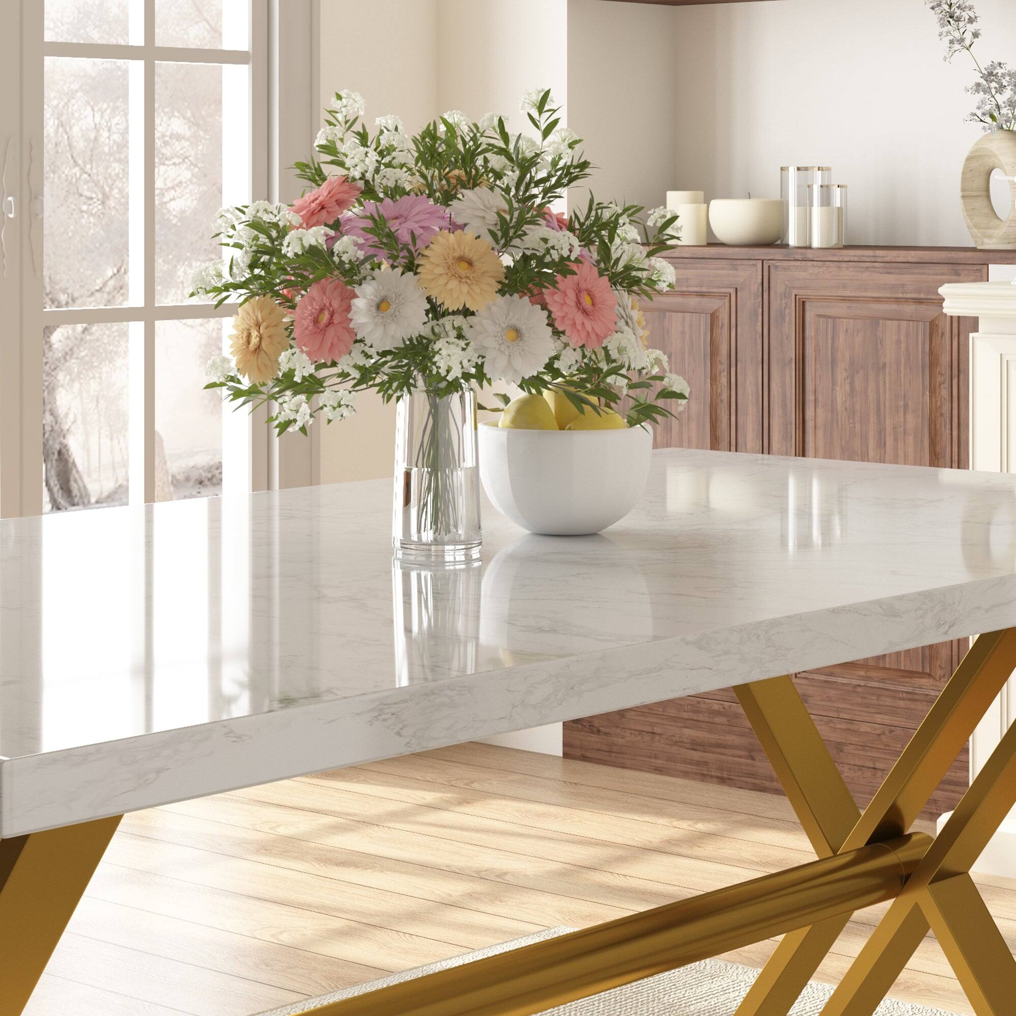 Alt View 6. Boyel Living - White Marble 70.87 Inch Cross Legs Dining Table Seats 6 Modern Gold Stainless Steel Base - White.