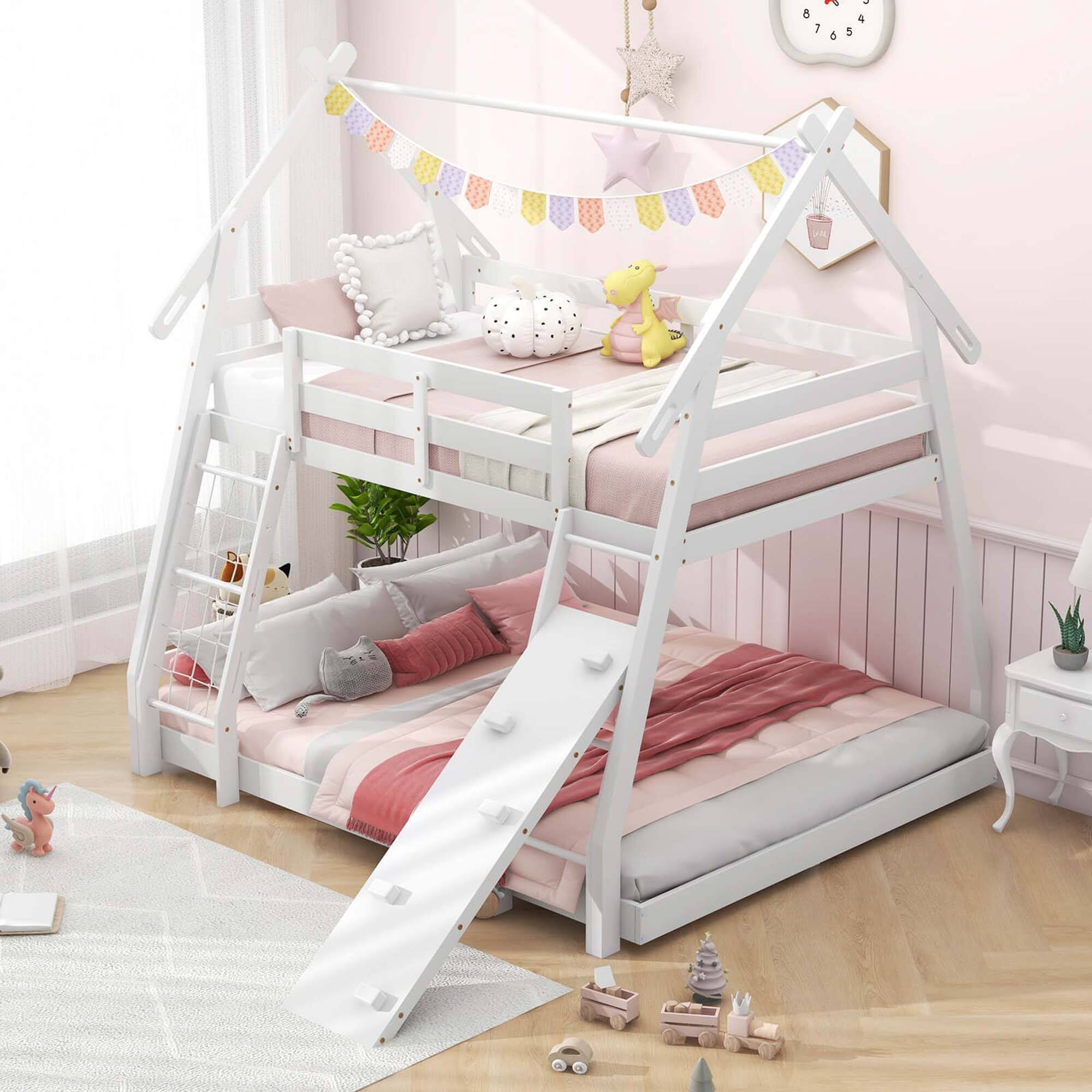 Alt View 5. Costway - Costway Twin Over Queen Bunk Bed House Shaped Bed Frame with Climbing Nets and Ramp - White.