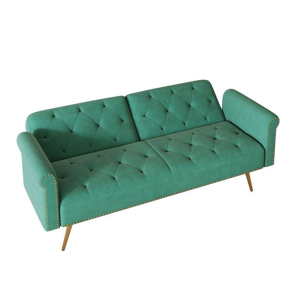 Alt View 5. Resenkos - 69.7" Velvet Sofa Bed with Nail Head Trim & Matching Throw Pillow - Green.