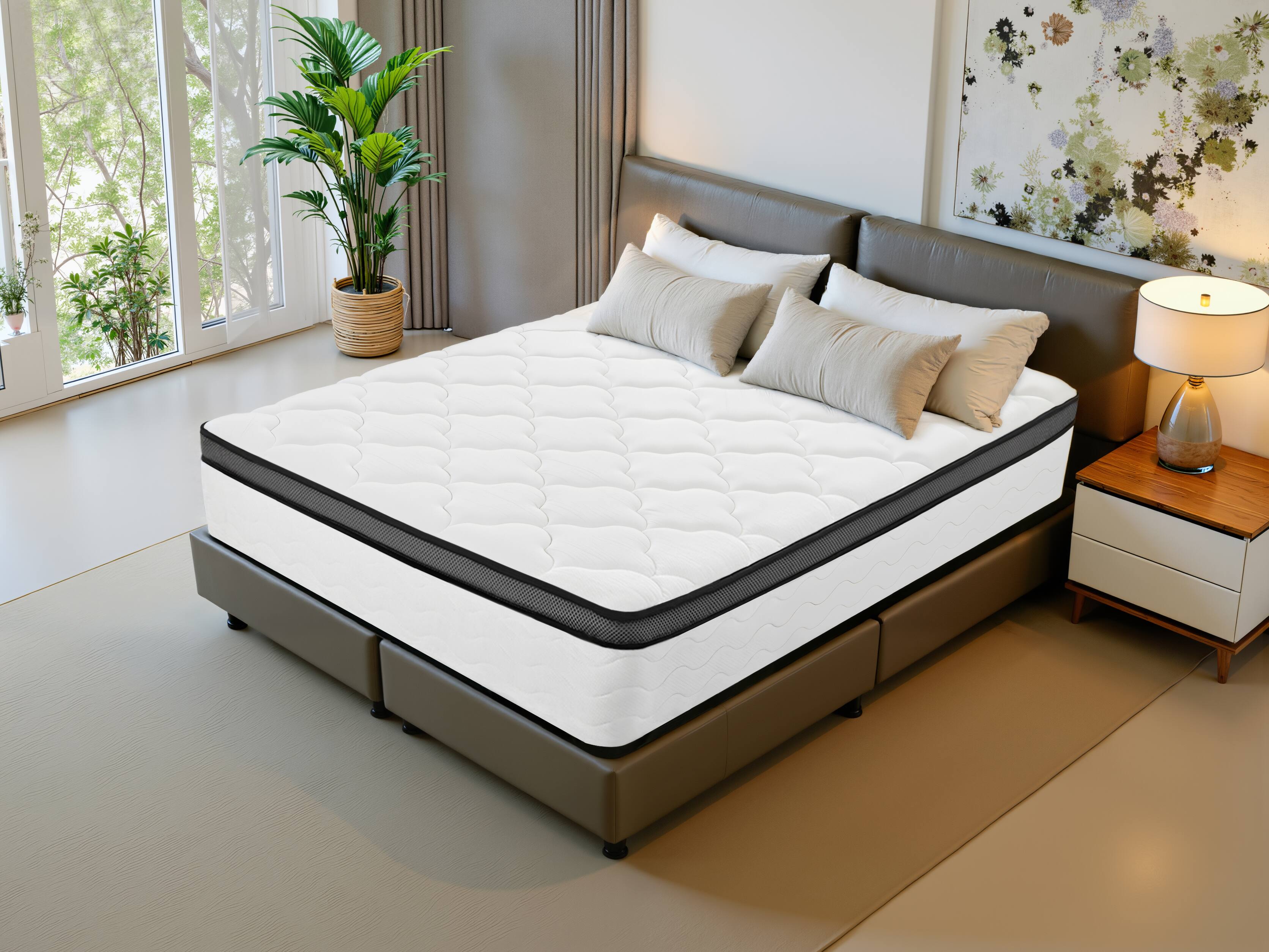 Angle. GOODSILO - 10 Inch Hybrid Queen Mattress with Pocket Coils and Memory Foam, Medium Firm Support - Creamy White,Gray+Cream.