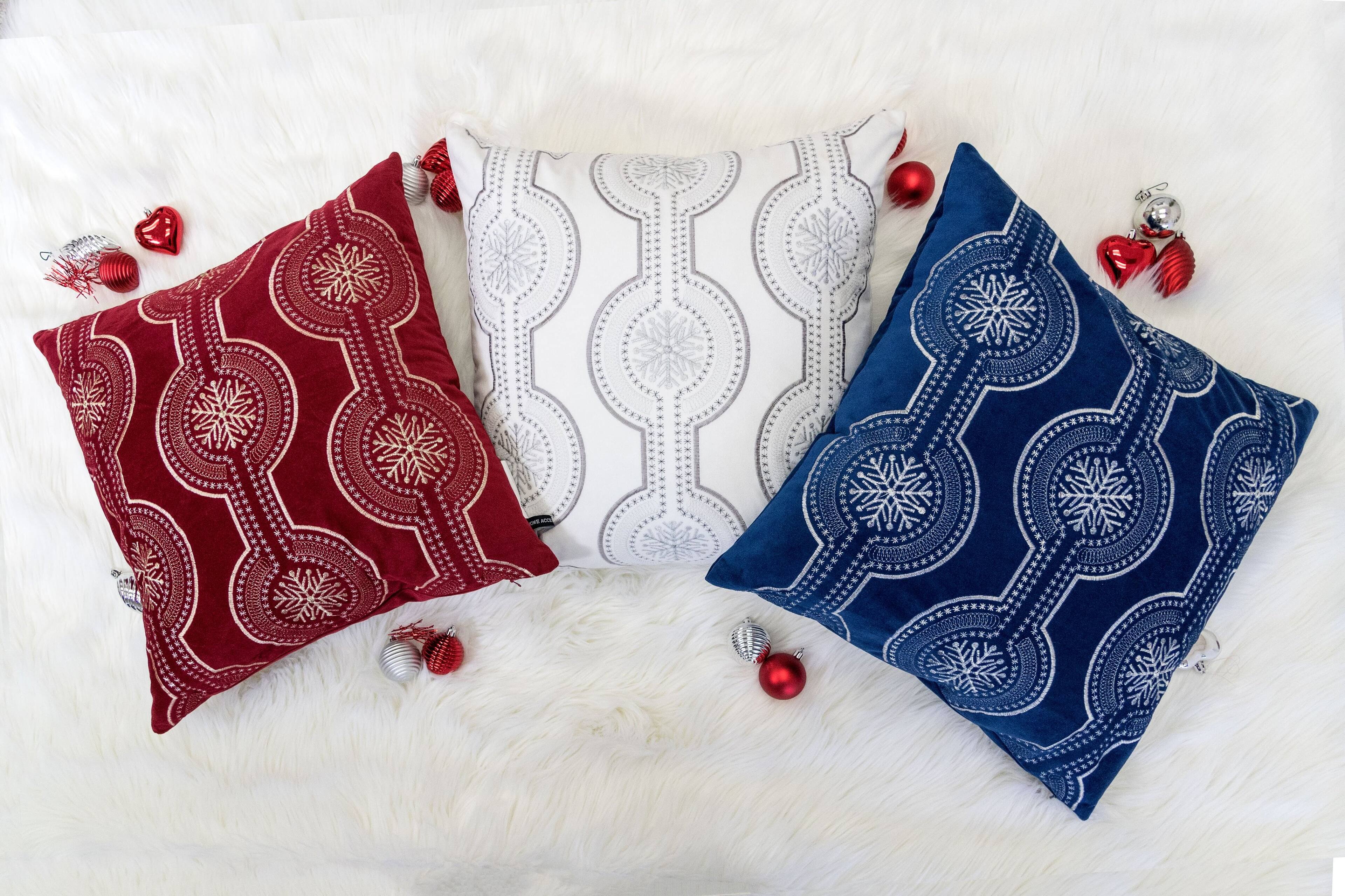 Alt View 1. TinyHomie - Holiday Blue Velvet Throw Pillow White Snowflake Embroidery 20x20 - Blue.