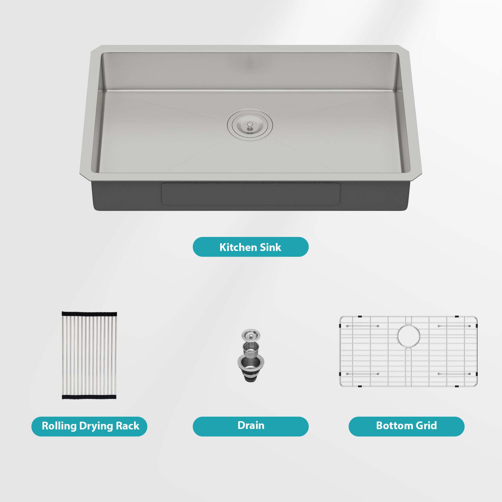 Kitchen Sink  
Rolling Drying Rack  
Drain  
Bottom Grid