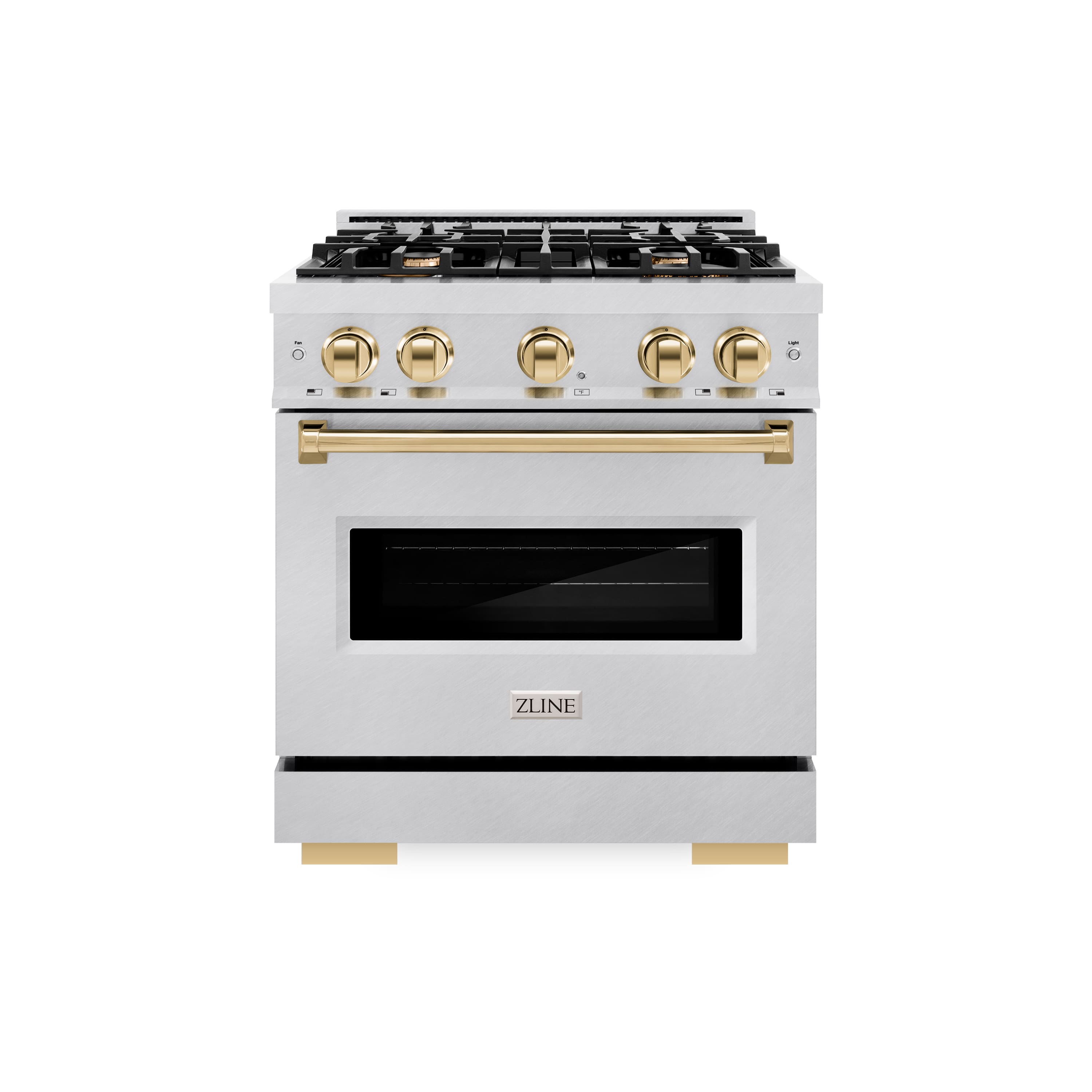 Front. ZLINE - ZLINE Autograph 30 in. Classic Satin Steel Gas Range w/ 4 Burners & Gold Accents (CGRSZ-30-G) - Stainless Steel.