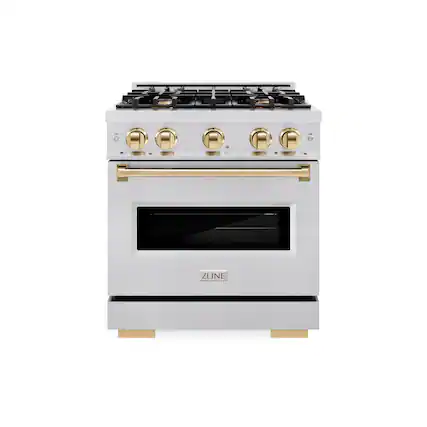 Front. ZLINE - 30 in. Wide 4 Burner ZLINE Autograph Classic Satin Steel Gas Range with Gold Accents (CGRSZ-30-G) - Stainless Steel.