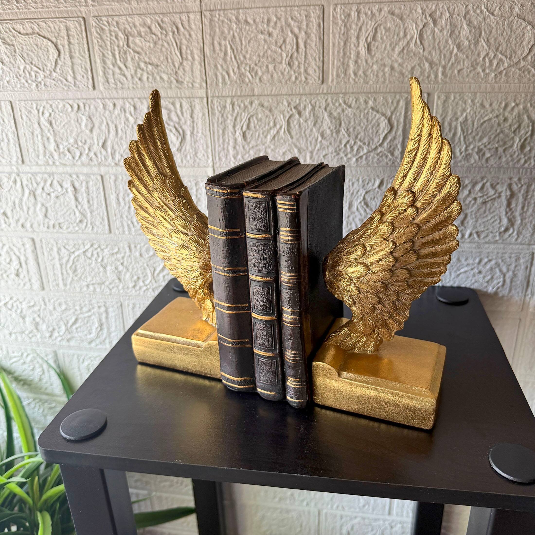 Alt View 3. Things2Die4 - Angel Wing Bookends Set Antique Gold Resin 8.75 in Decorative Book Holders - Gold.