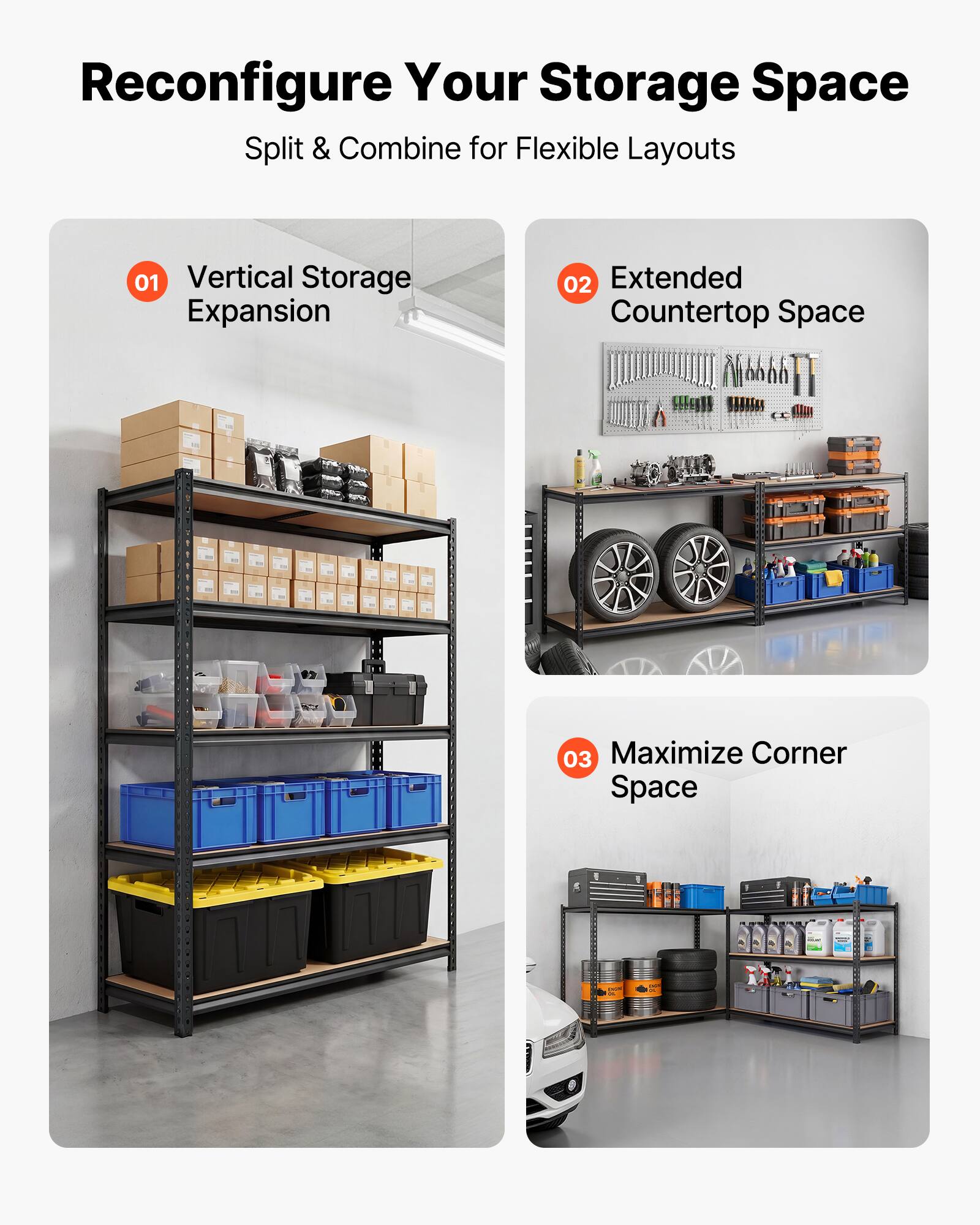 Reconfigure Your Storage Space  
Split & Combine for Flexible Layouts  

01 Vertical Storage Expansion  
02 Extended Countertop Space  
03 Maximize Corner Space
