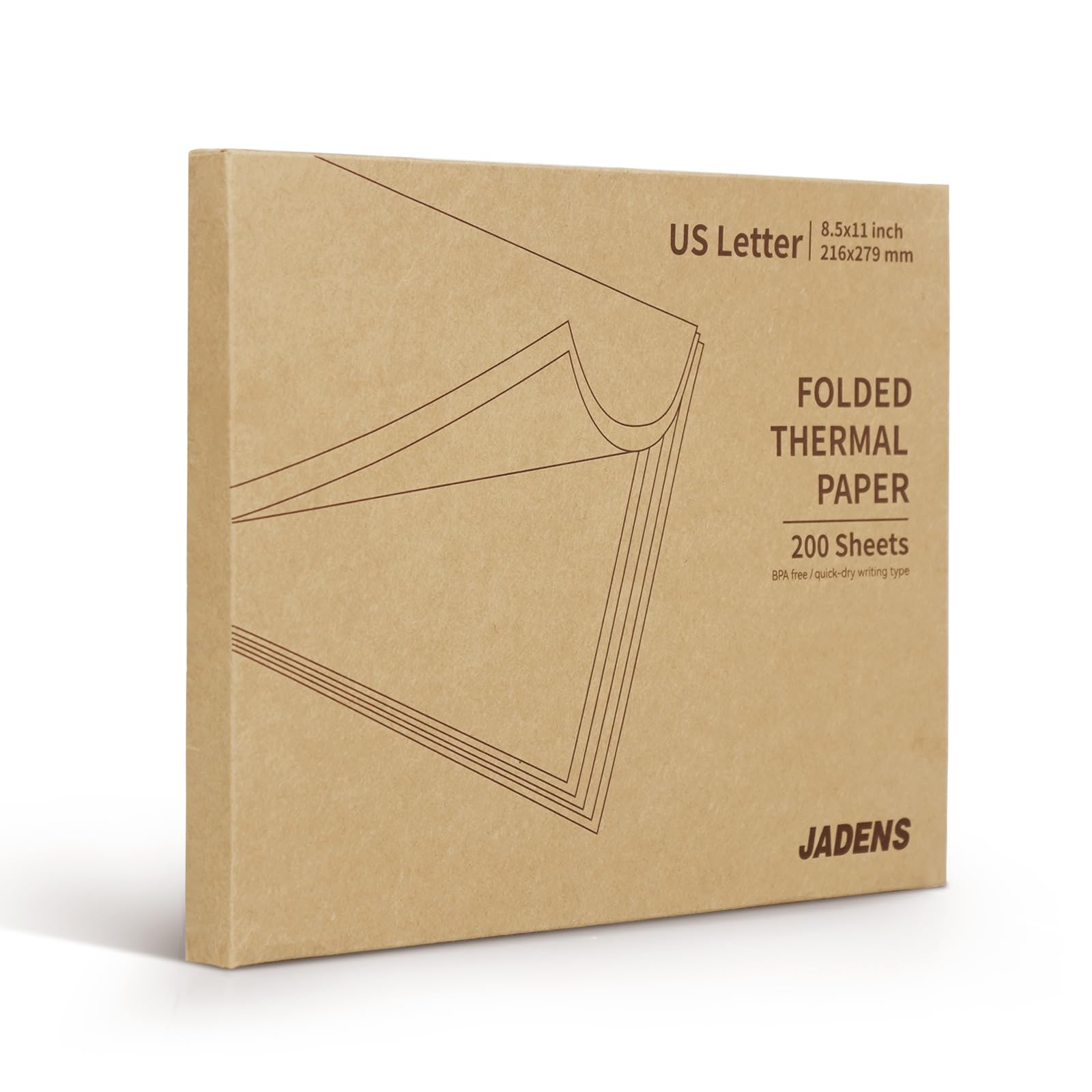 The text on the image is grouped and corrected as follows:

"8.5x11 inch US Letter 216x279 mm FOLDED THERMAL PAPER 200 Sheets BPA tree quick-dry writing type JADENS"