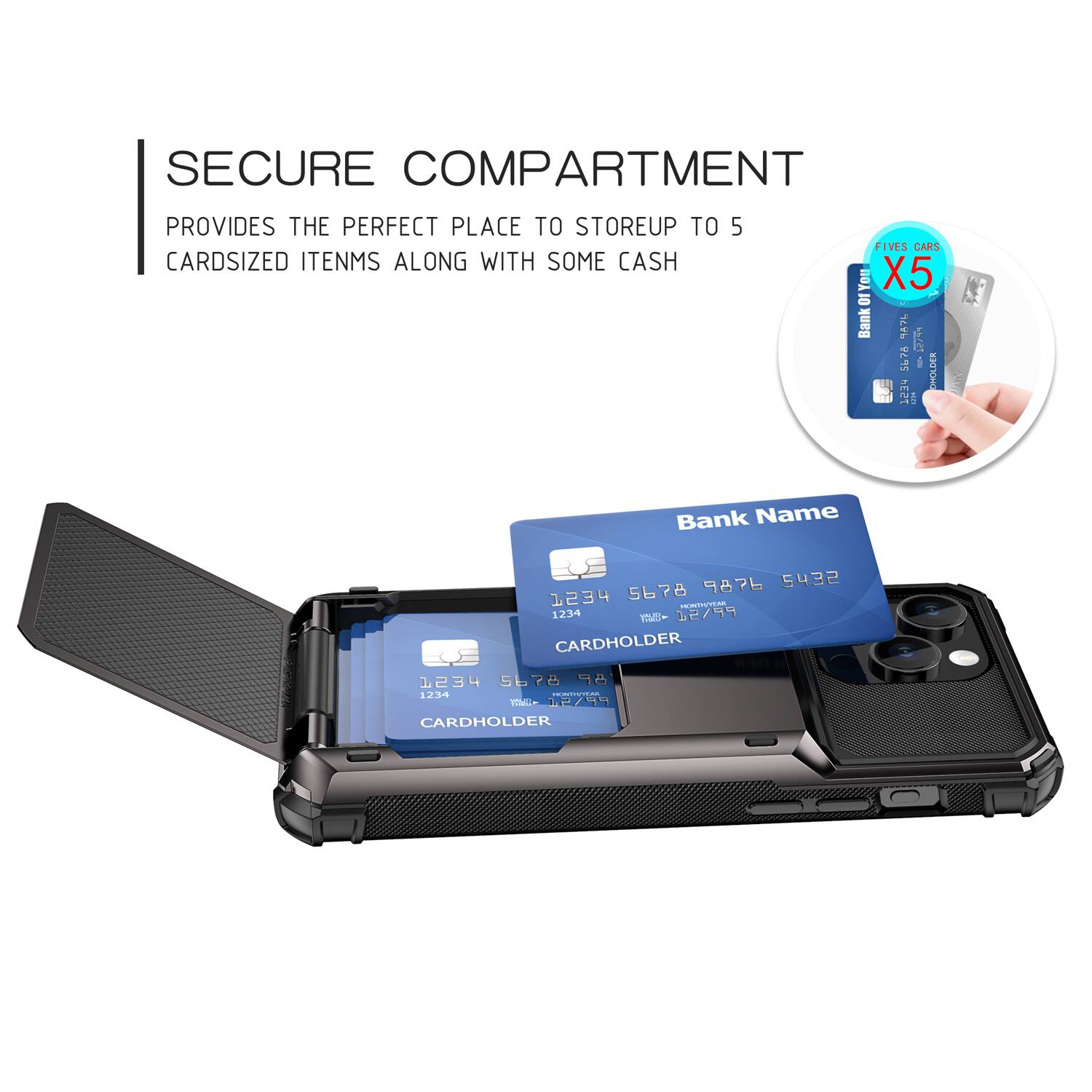 SECURE COMPARTMENT PROVIDES THE PERFECT PLACE TO STORE UP TO CARDSIZED ITEMS ALONG WITH SOME CASH

5 FIVES CARS

01 You X5

10 Bank A 12744 5676

i CHOLDER

1234 5

Bank Name

9876 5432

1234 5678

HTE

1234

M- 12/4

CARDHOLDER

1234 5678

BP 12.34

E

TokL- 1759

CARDHOLDER