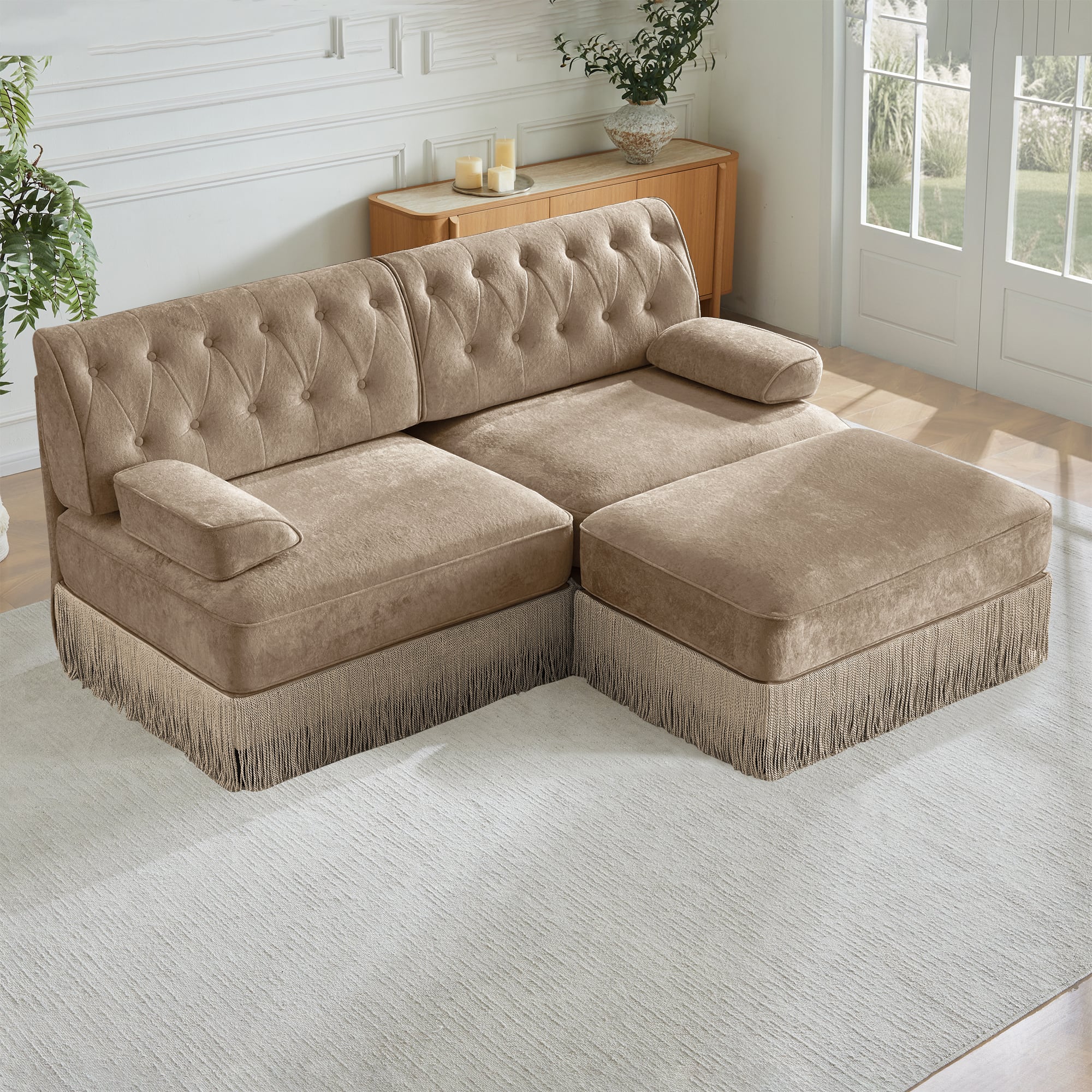 Anysun - L-Shape Velvet Chesterfield Sofa - Tassel Skirt, Curved Armrests, Wood Base, Easy Assembly for Living Room & Bedroom - Camel