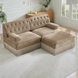 Anysun - L-Shape Velvet Chesterfield Sofa - Tassel Skirt, Curved Armrests, Wood Base, Easy Assembly for Living Room & Bedroom - Camel