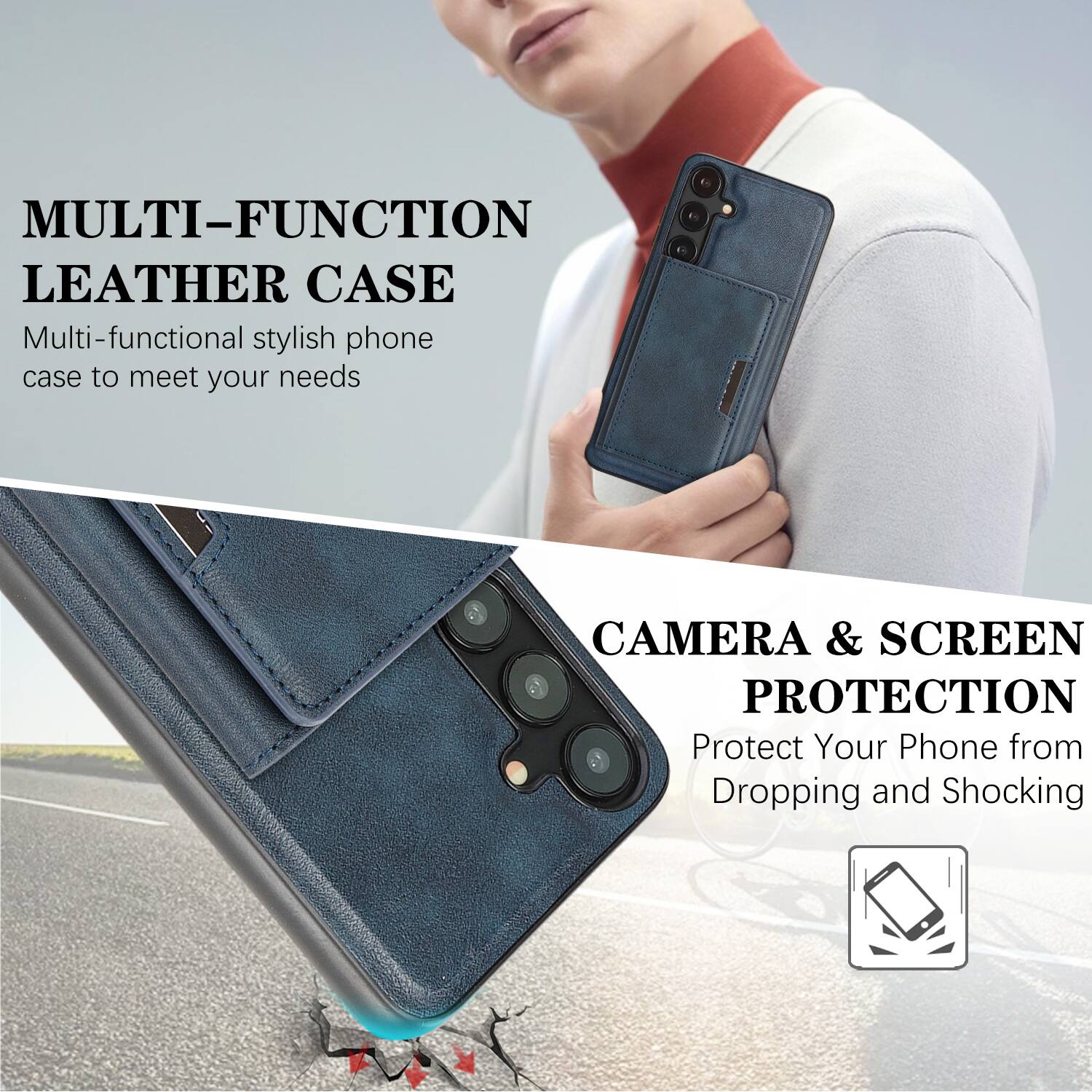 MULTI-FUNCTION LEATHER CASE  
Multi-functional stylish phone case to meet your needs  

CAMERA & SCREEN PROTECTION  
Protect Your Phone from Dropping and Shocking
