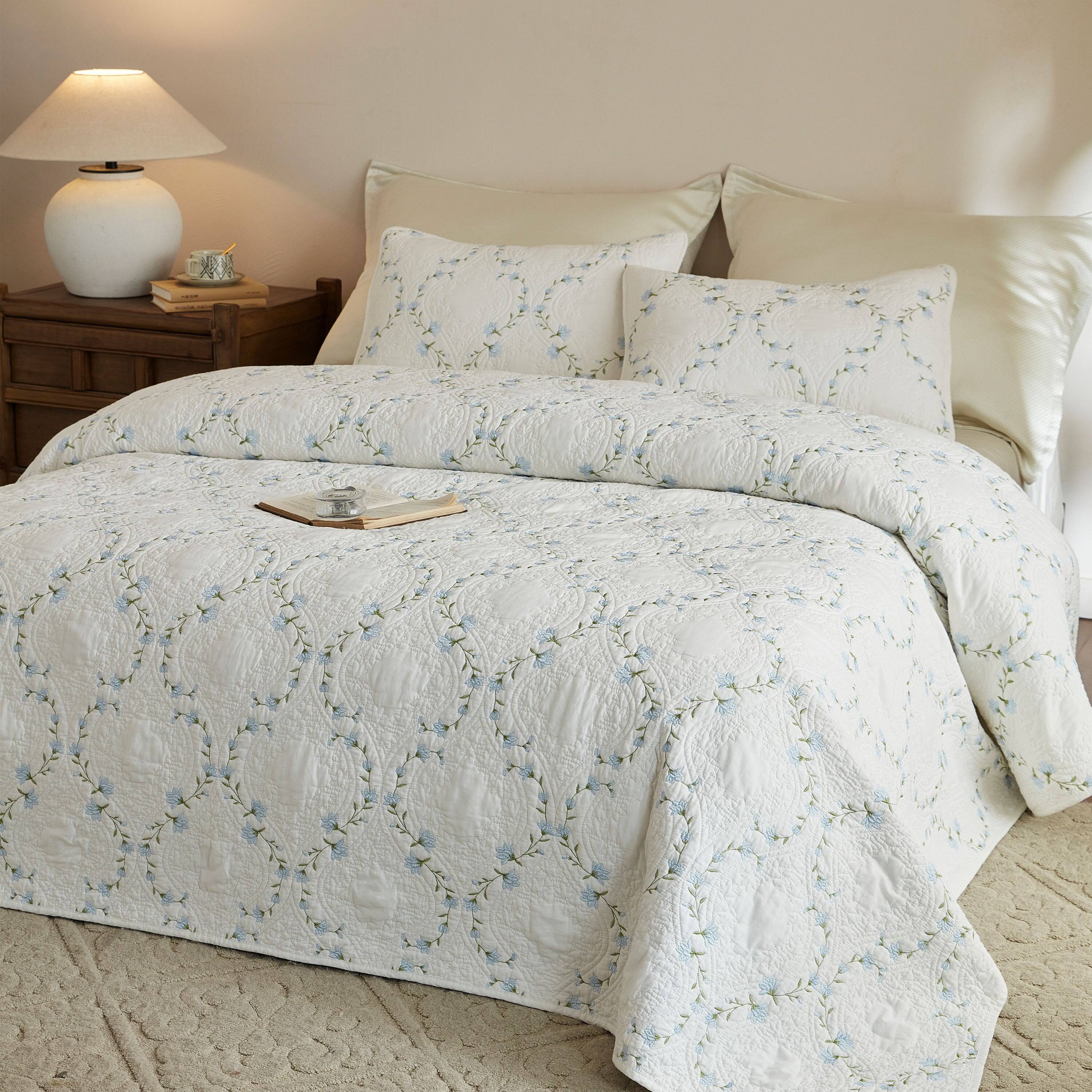 Angle. MarCielo - MarCielo 3 Piece Cotton Embroidered Floral Quilt Set – Vintage Farmhouse Bedspread Set - Soft Blue Floral.