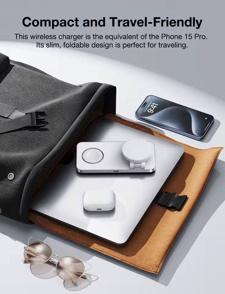 Compact and Travel-Friendly

This wireless charger is the equivalent of the Phone 15 Pro. Its slim, foldable design is perfect for traveling.