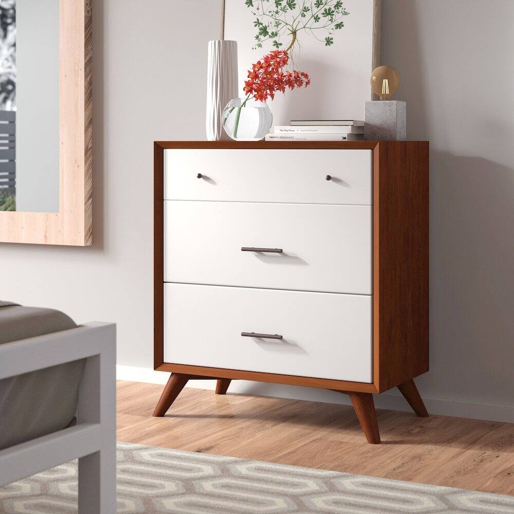 Left. Alpine Furniture - Flynn 3 Drawer Two Tone Small Chest - Acorn & White.