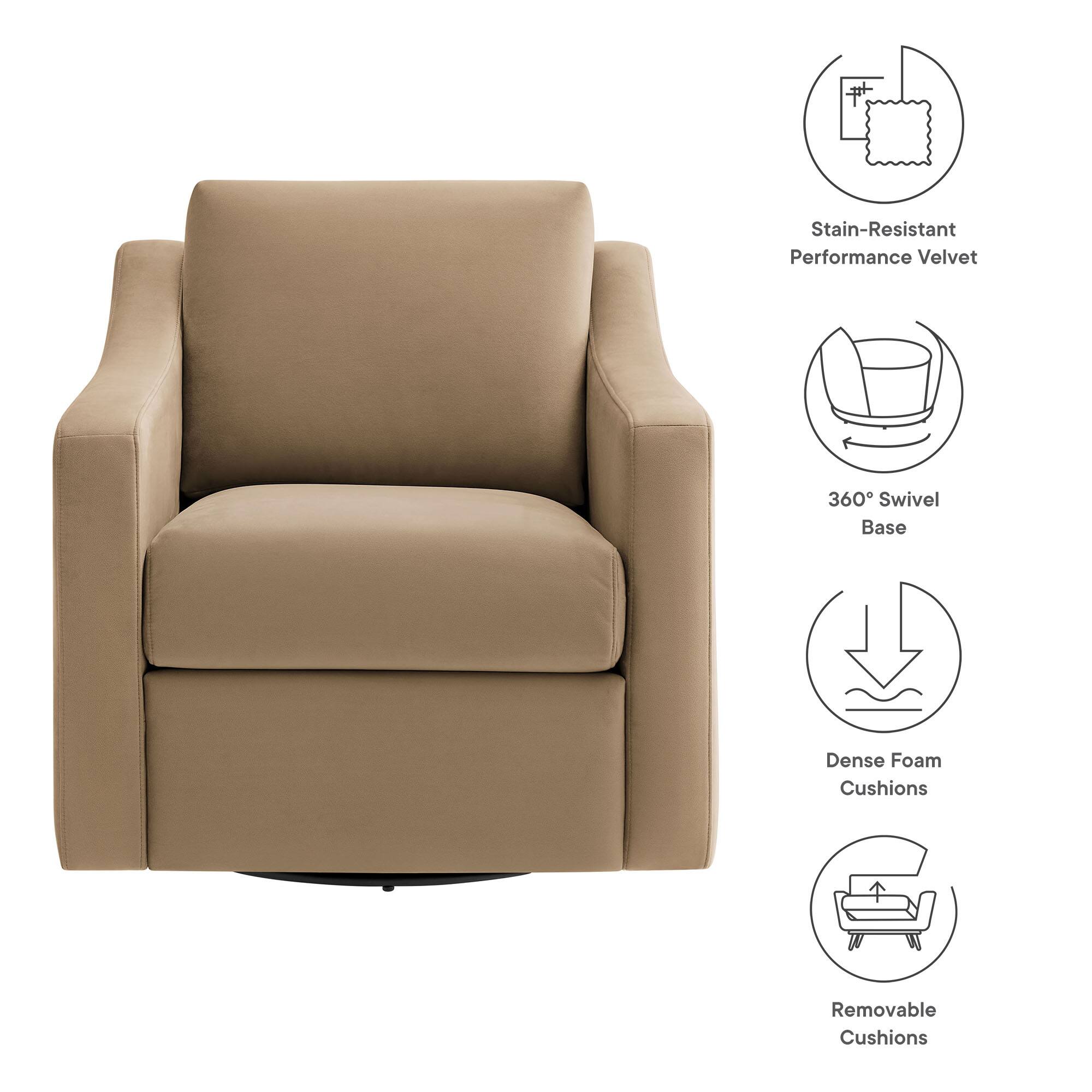 - Stain-Resistant Performance Velvet
- 360° Swivel Base
- Dense Foam Cushions
- Removable Cushions