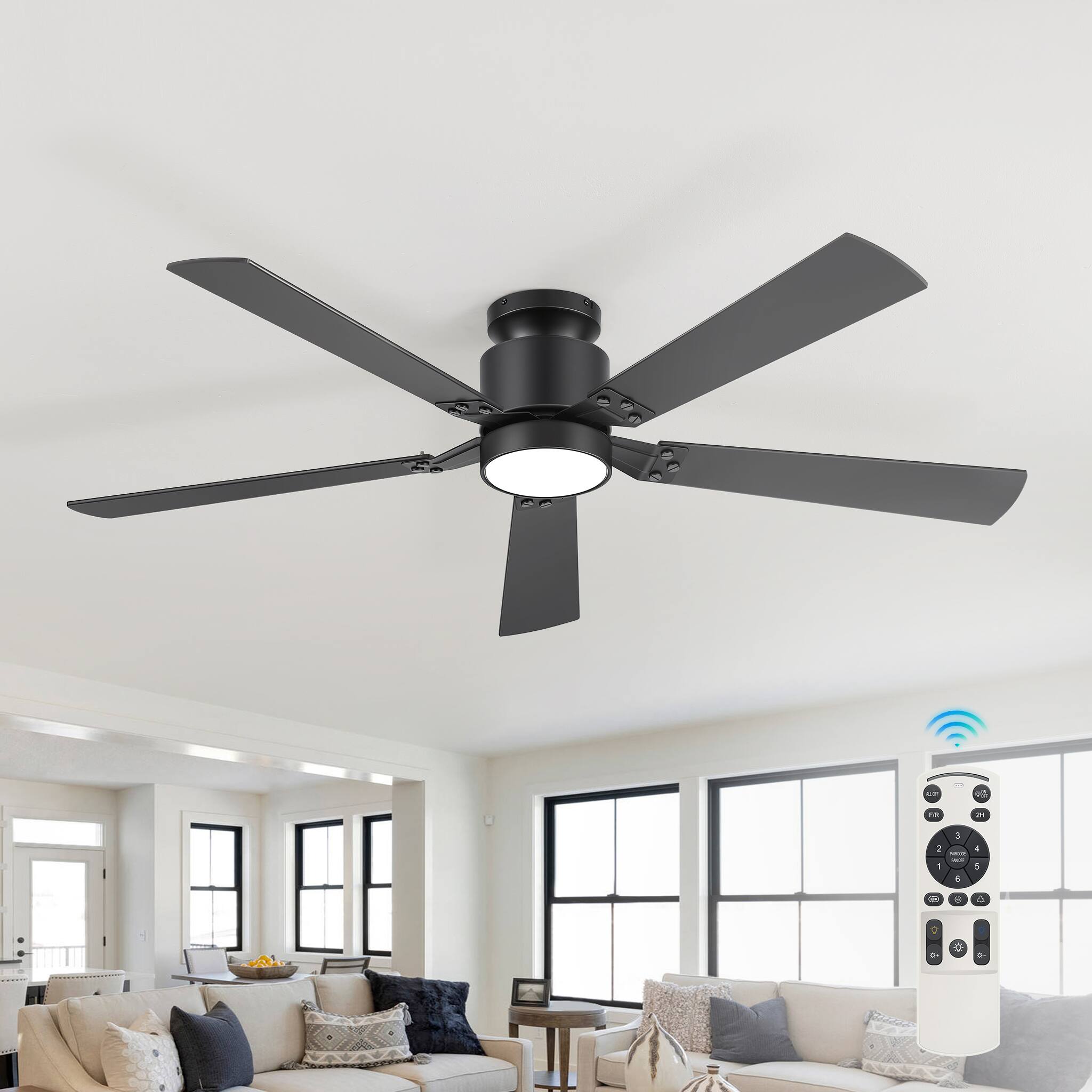 Angle. Breezary - 52-Inch Modern Ceiling Fan with Acrylic Light Shade, RGB LED Light, 6-Speed Remote, Timer, Flush Mount - Black and Walnut.