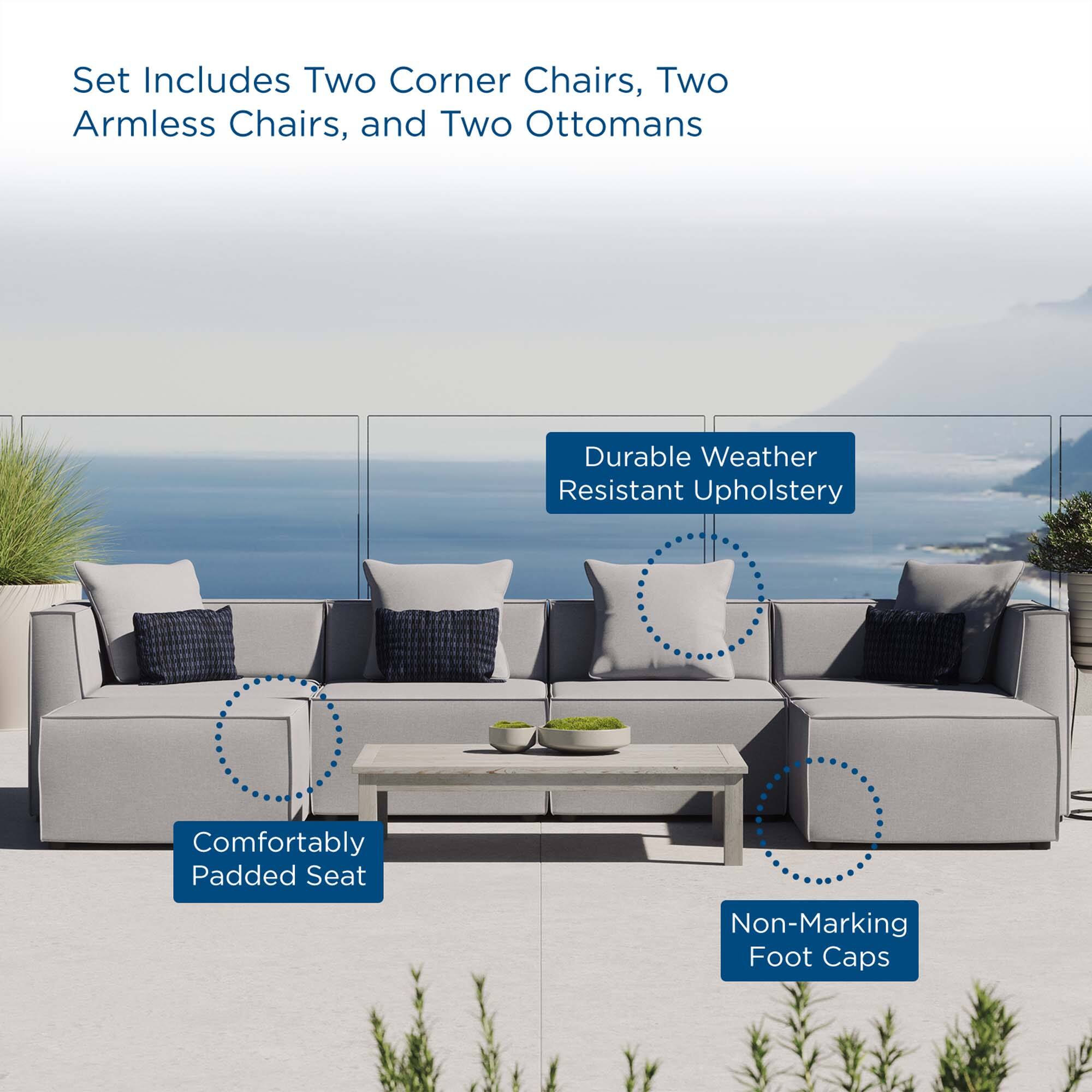 Set Includes Two Corner Chairs, Two Armless Chairs, and Two Ottomans

- Durable Weather Resistant Upholstery
- Comfortably Padded Seat
- Non-Marking Foot Caps