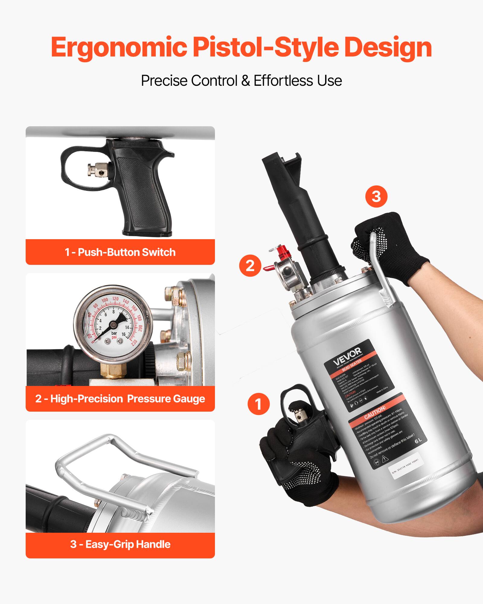 Ergonomic Pistol-Style Design  
Precise Control & Effortless Use  

1. 1-Push-Button Switch  
2. High-Precision Pressure Gauge  
3. Easy-Grip Handle  

VEVOR READ-SEATER  

CAUTION: