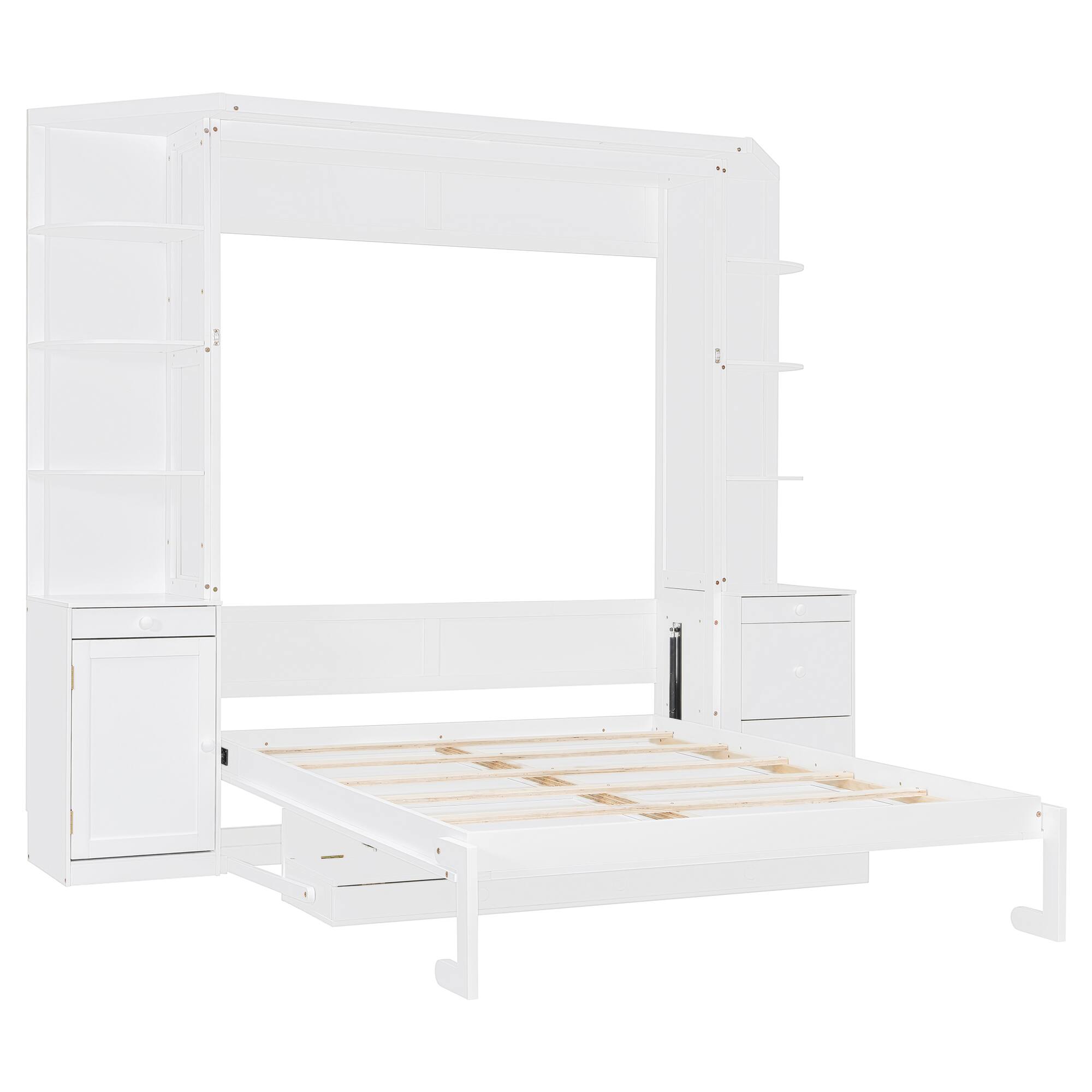 Angle. Whisen - Queen Size Murphy Bed with Desk and Storage Shelves,Space-Saving Wall Bed for Home Office - White.