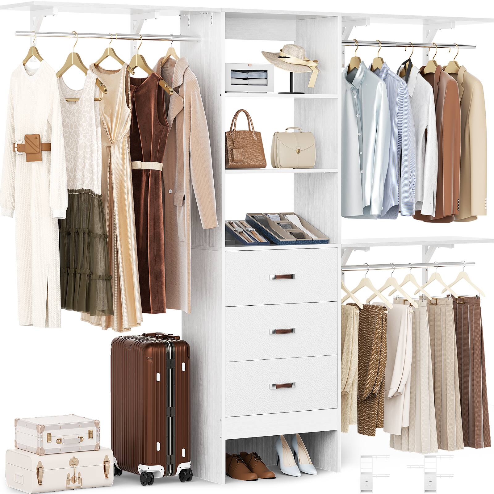 Alt View 1. Aheaplus - 20.2'' - 96'' W Closet System, Walk In Closet Organizer with 3 Shelving Towers, 3 Hanging Rods, and 3 Drawers, 75'' High - White.