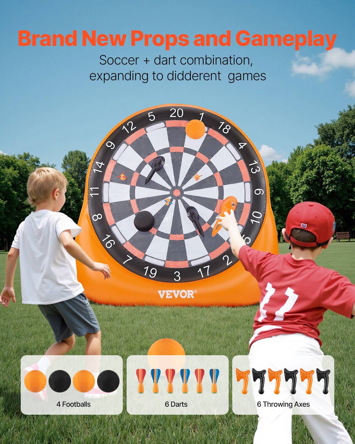 Brand New Props and Gameplay  
Soccer + dart combination, expanding to different games  

4 Footballs  
6 Darts  
6 Throwing Axes