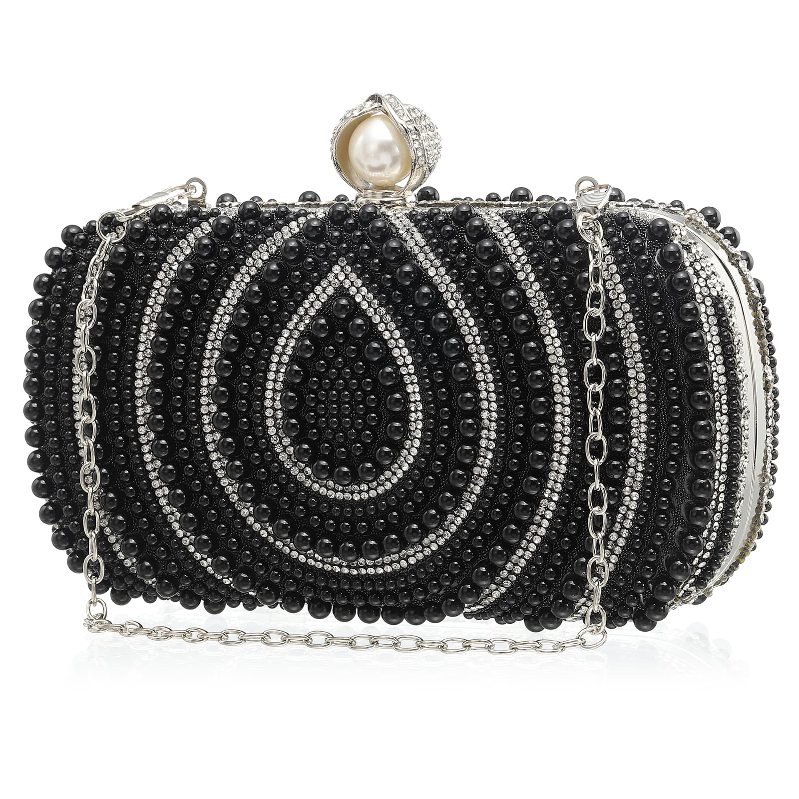 Unique Bargains - Evening Clutch Purse for Women, Vintage Beads Buckle Clasp Handbag for Bridal Wedding 1920s Party Crossbody Bag - Black
