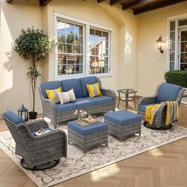 Ovios - 6 PCS Outdoor Patio Furniture Set with High Back Sofa, Ottoman & Swivel Chairs - Denim Blue(Grey Wicker)