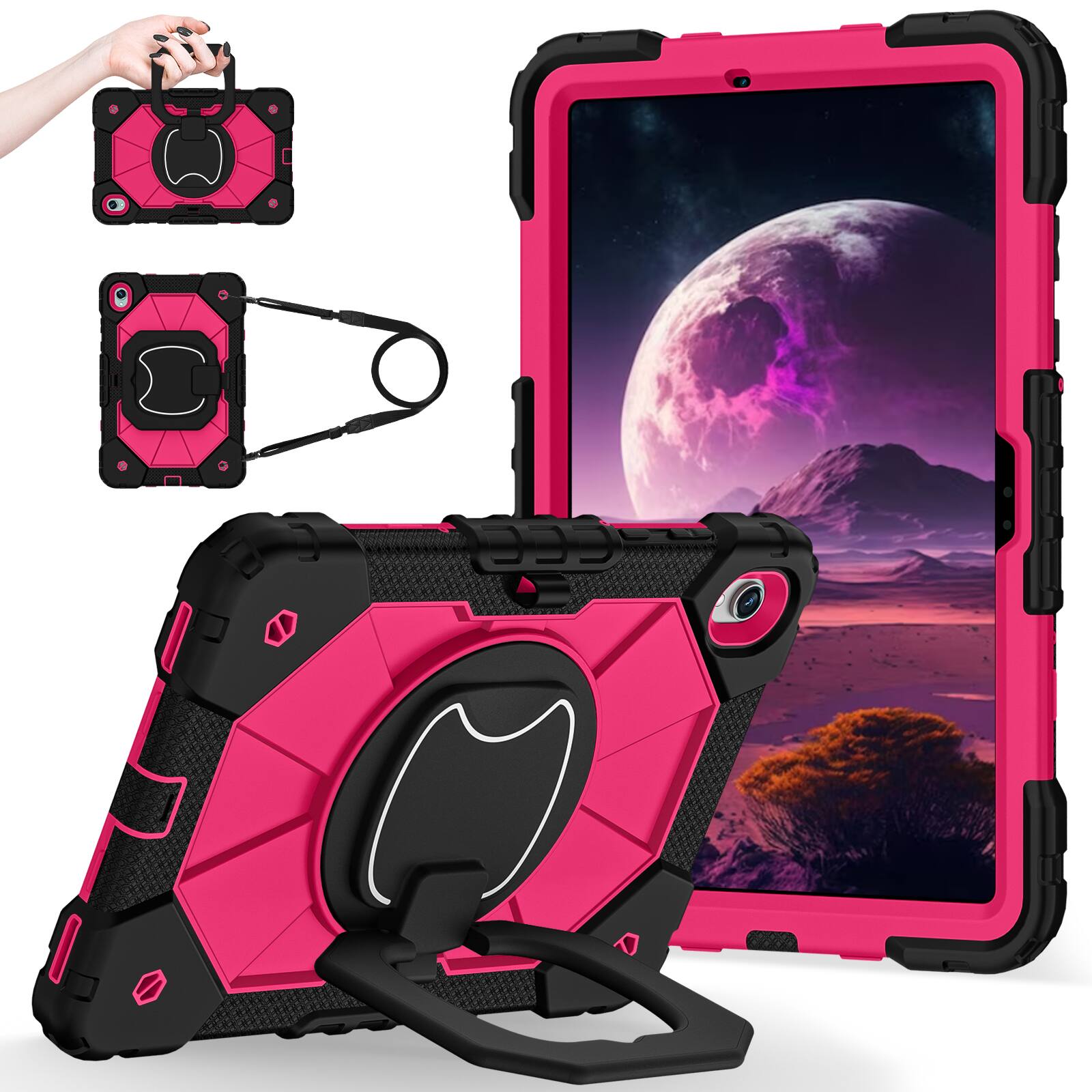 Angle. Dteck - Case for Samsung Galaxy Tab S11 2025 11-inch 3-Layer Rugged Kickstand Handle Grip Cover with Shoulder Strap - Black Rose.