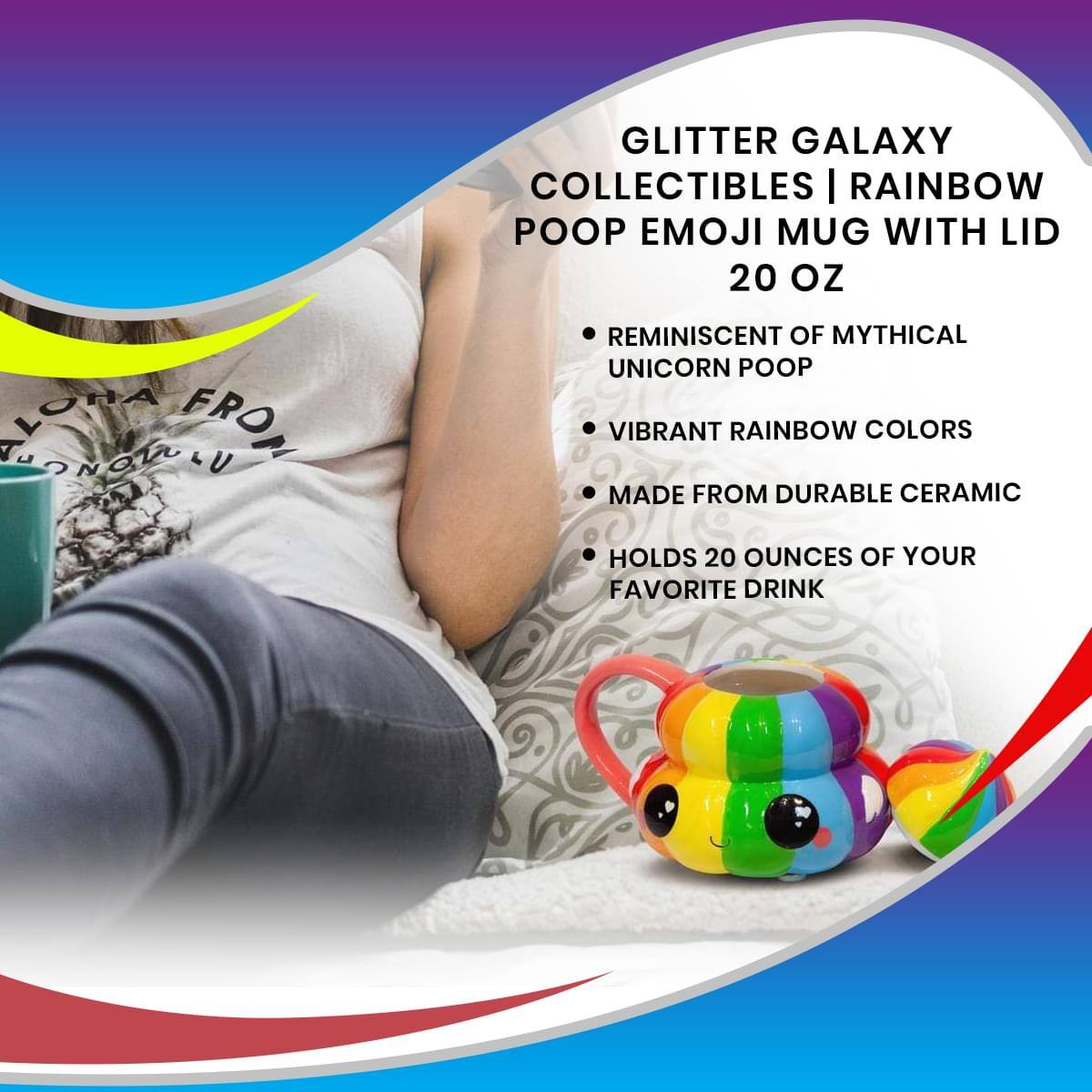 GLITTER GALAXY COLLECTIBLES | RAINBOW POOP EMOJI MUG WITH LID 20 OZ

- REMINISCENT OF MYTHICAL UNICORN POOP
- VIBRANT RAINBOW COLORS
- MADE FROM DURABLE CERAMIC
- HOLDS 20 OUNCES OF YOUR FAVORITE DRINK