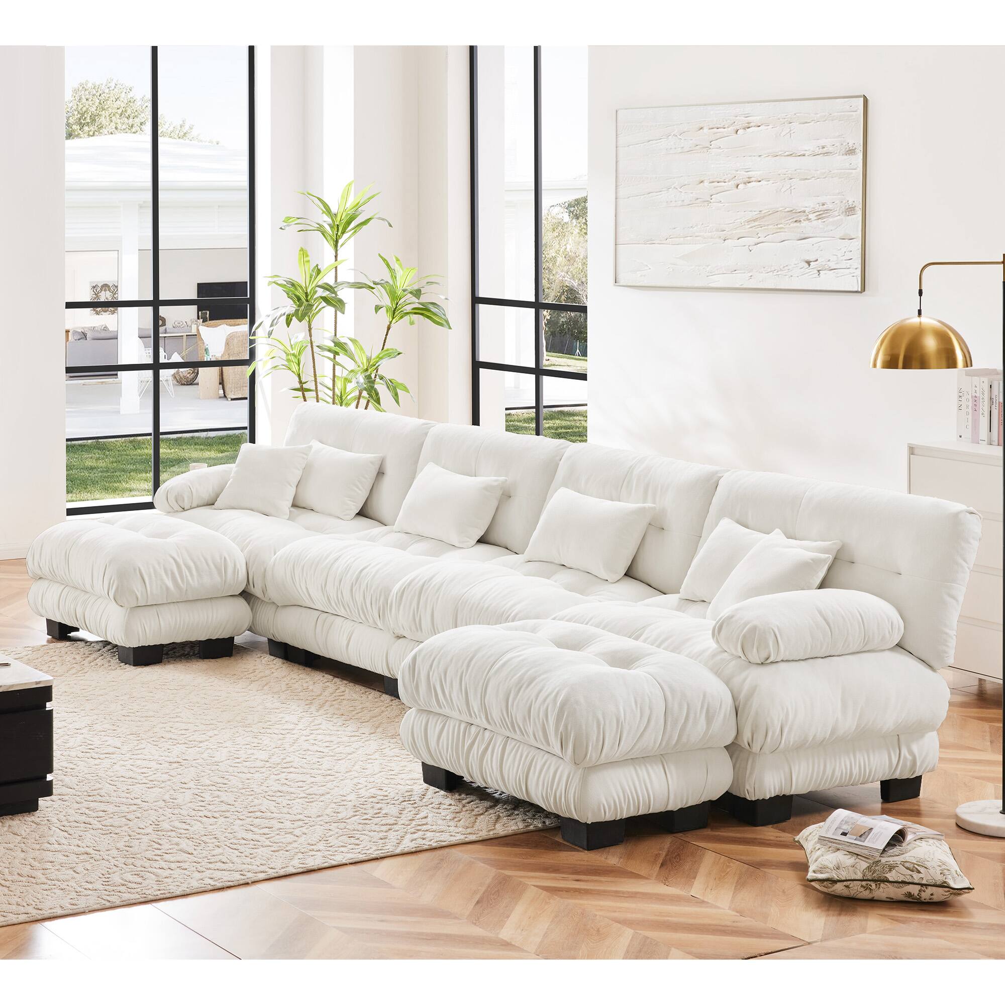 Angle. DOMETOUR - Free Combination Modular Sectional Sofa,U Shaped Couch for Living Room, 4-Seater Comfy Cloud Couch with 2 Ottomans - Chenille White.