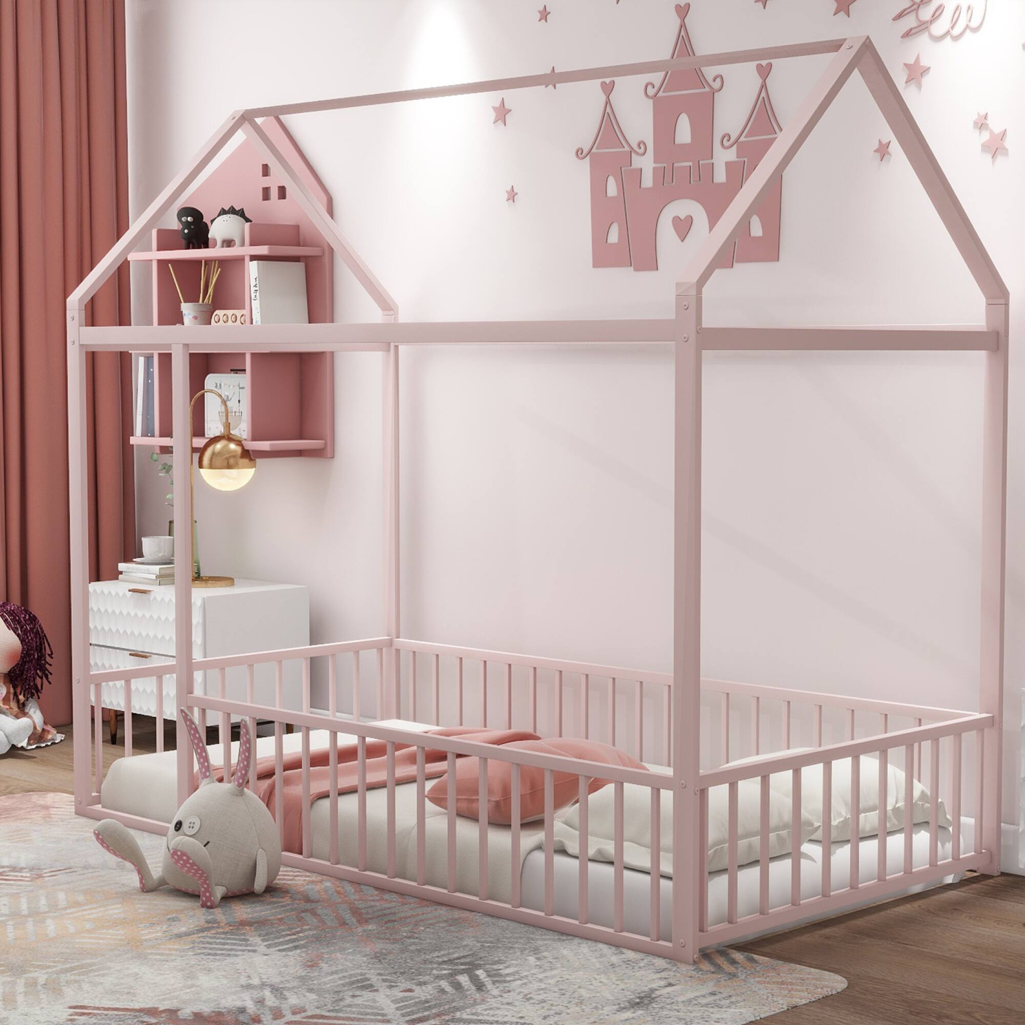 Alt View 6. GOODSILO - Twin Size Playhouse Bed Frame with Safety Fence for Kids and Teens - Sturdy Metal Construction - Pink.