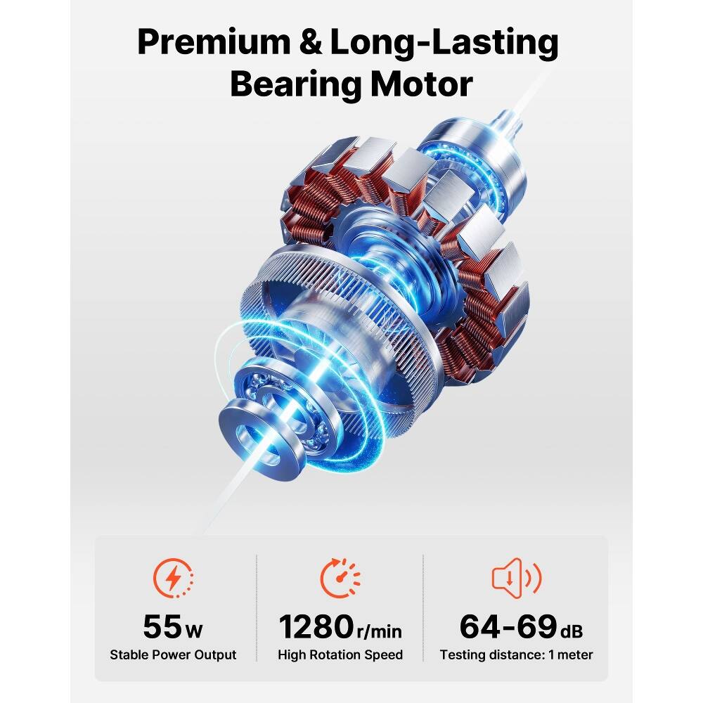 Premium & Long-Lasting Bearing Motor

55 W Stable Power Output
1280 r/min High Rotation Speed
64-69 dB Testing distance: 1 meter