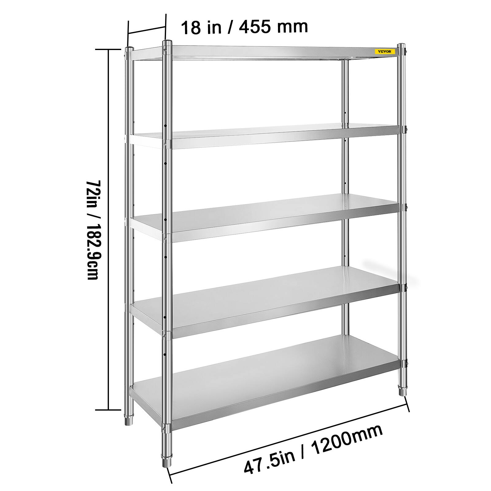 The dimensions of the shelf are as follows:

- Width: 18 inches / 455 mm
- Height: 72 inches / 182.9 cm
- Depth: 1200 mm
- Shelf depth: 47.5 inches / 1200 mm
- Shelf height: 18 inches / 455 mm
- Overall height: 72 inches / 182.9 cm