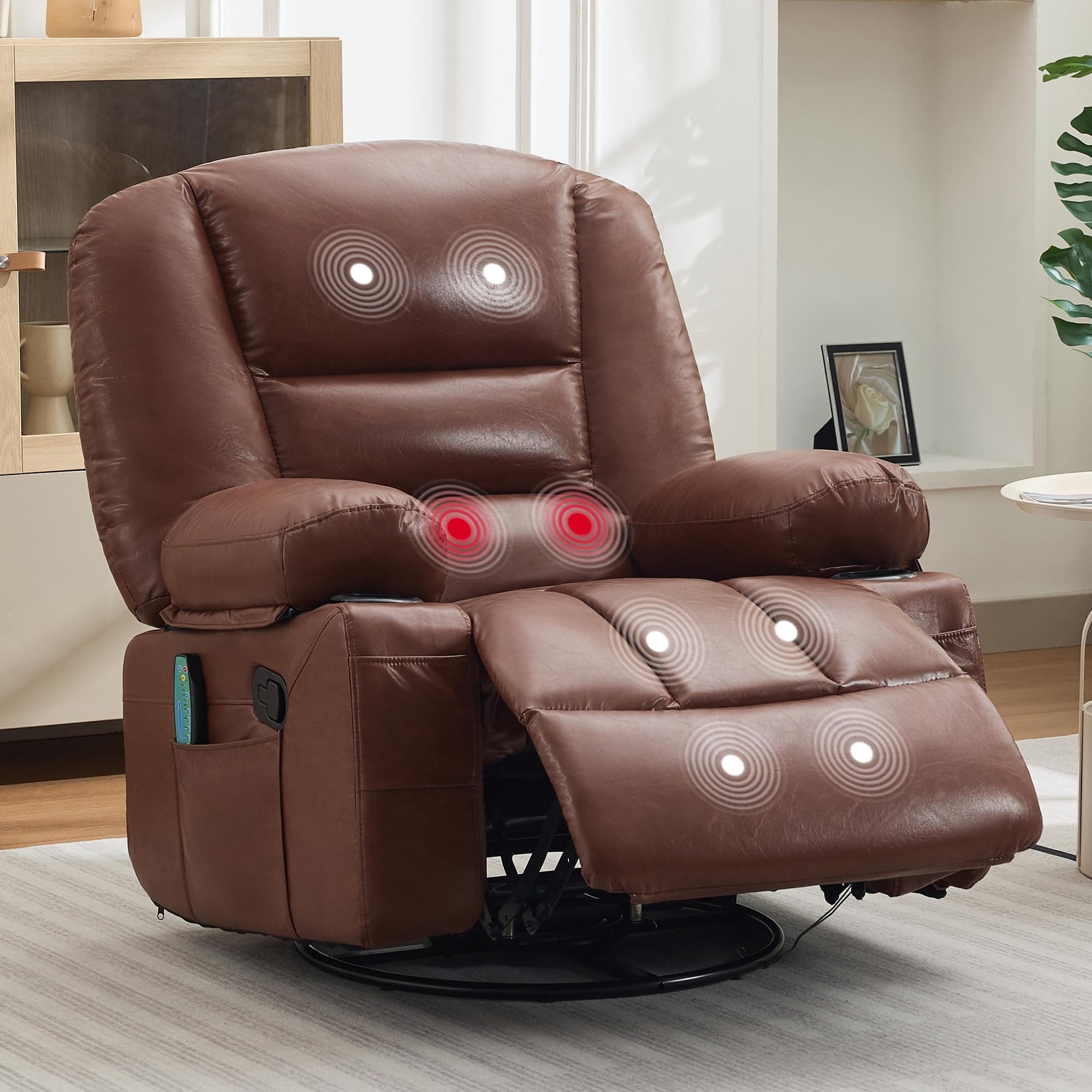 Babevy - 360° Swivel Recliner Chair with Vibration Massage & Heating, Extra-Wide PU Leather Sofa for Living Room/Bedroom - Brown PU
