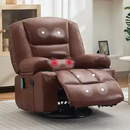 Babevy - 360° Swivel Recliner Chair with Vibration Massage & Heating, Extra-Wide PU Leather Sofa for Living Room/Bedroom - Brown PU