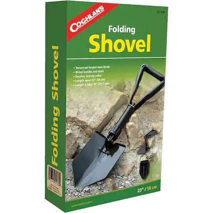 No 9065 COGHLANS Folding Shovel
Tempered forged steel blade
Metal handle and shaft
Positive locking collar
Length open 23" (58 cm)
Length folded 10" (25.4 cm)
www.coghlans.com