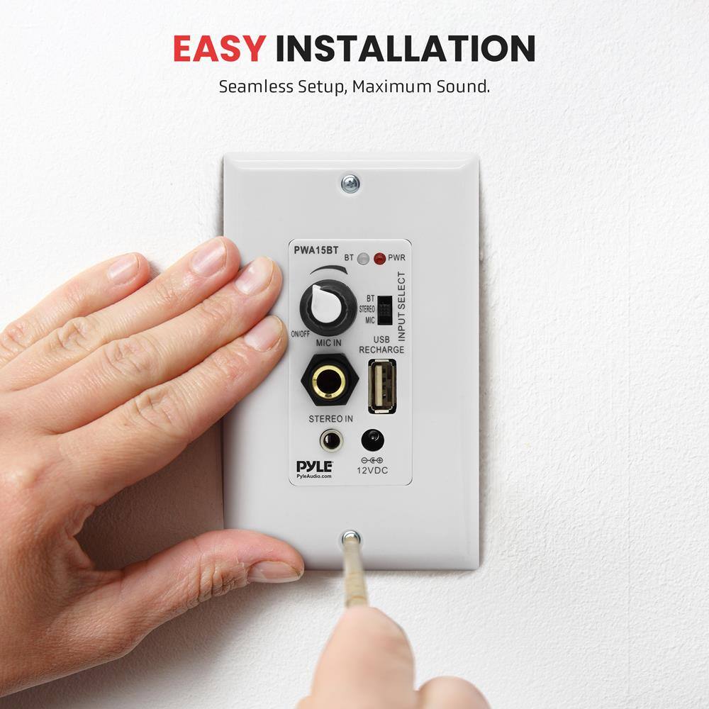EASY INSTALLATION  
Seamless Setup, Maximum Sound.

PWA15BT  
PWR  
BT SELECT  
BT MIC  
USB  
RECHARGE  
STEREO IN  
ON/OFF  
MIC IN  
12VDC  

PYLE  
PyleAudio.com