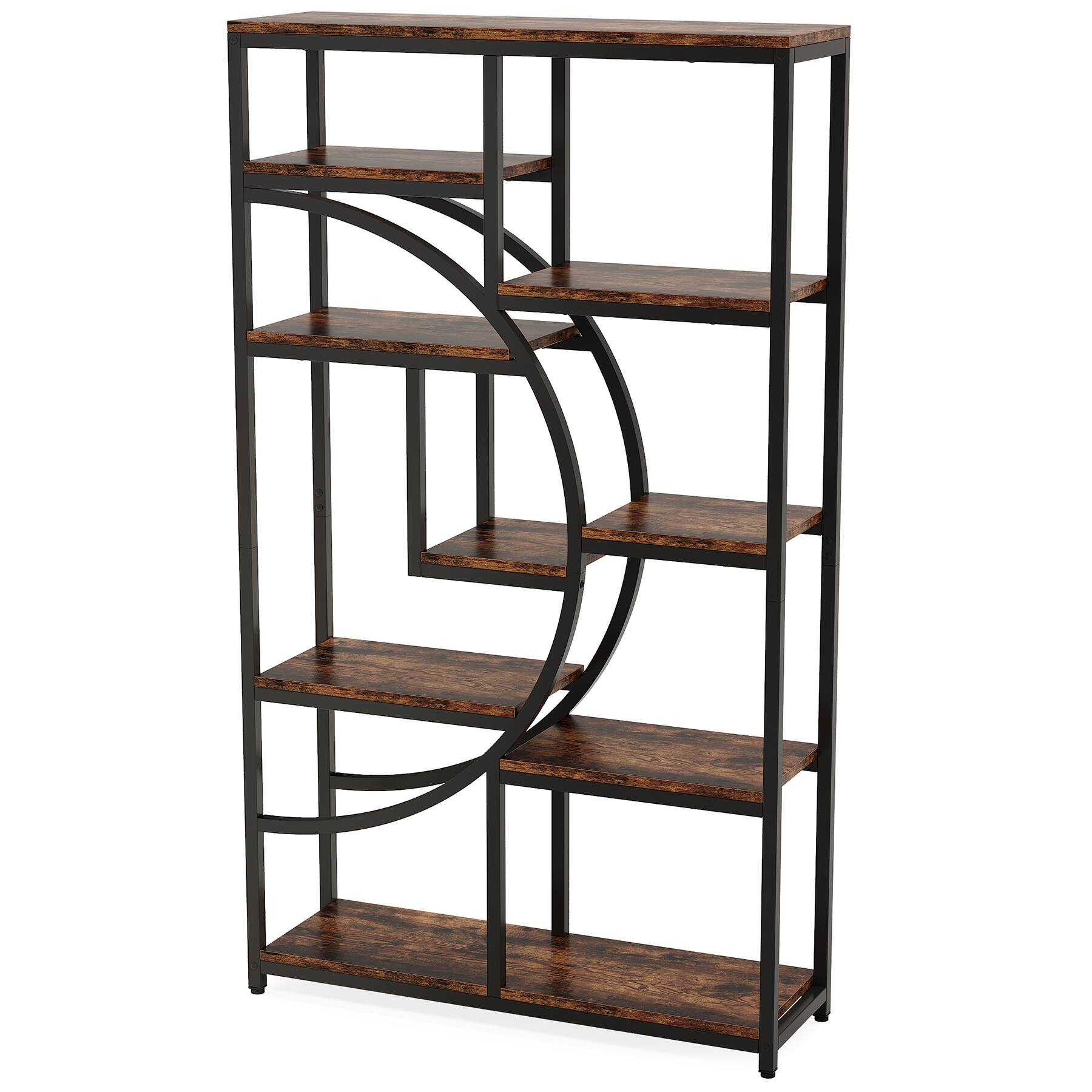 Angle. TinyHomie - 68.89in Height Industrial 5-Tier Rustic Brown and Black Corner Etagere Bookshelf with 9 Open Shelves - Rustic Brown.