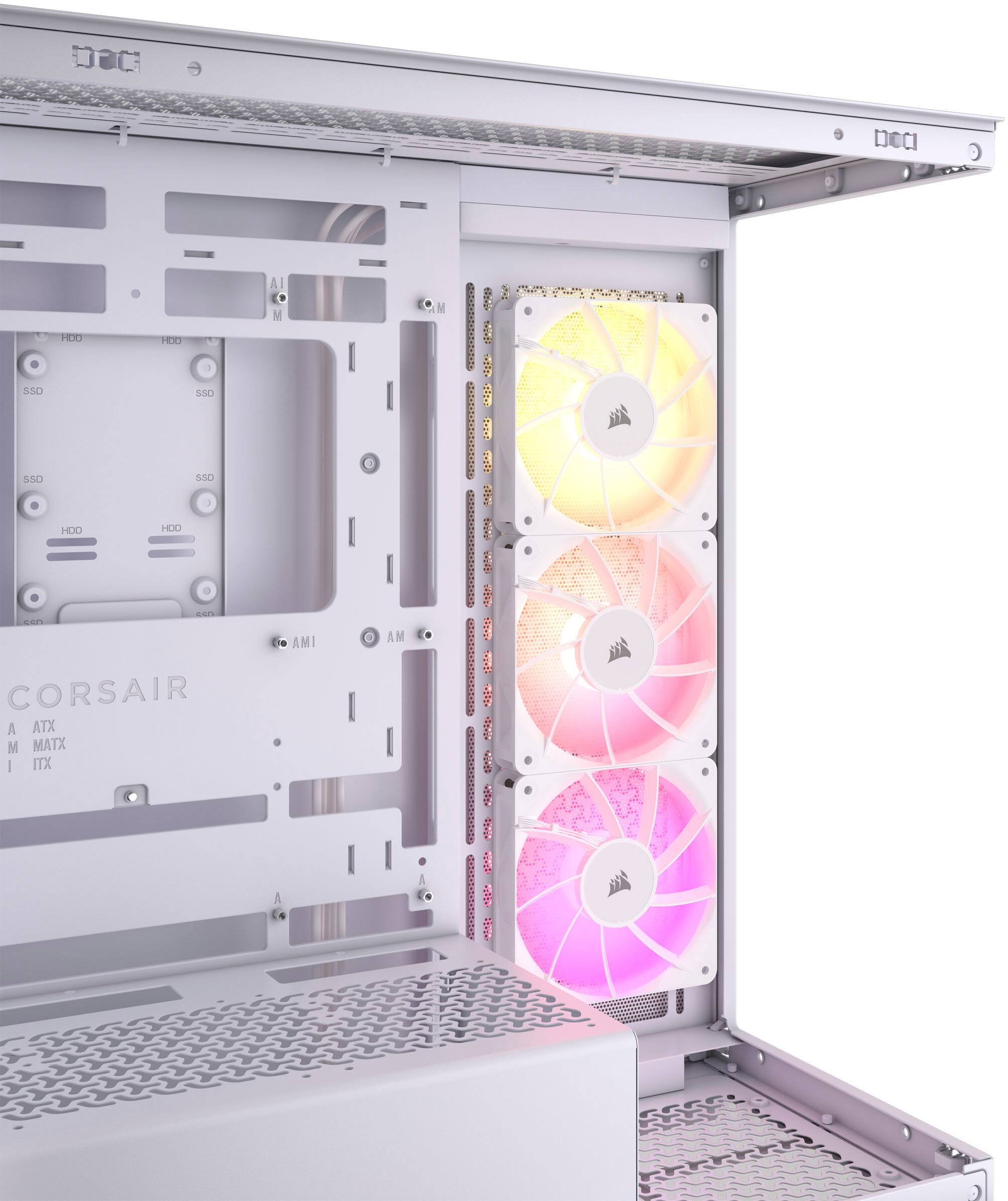 Corsair is the brand of the computer case and fans shown in the image. The case is white and has a glass door, revealing the fans inside. The fans are colorful and have a rainbow-like appearance, adding a vibrant touch to the computer setup. The case is designed to accommodate both ATX and ITX motherboards, making it versatile for various computer configurations.